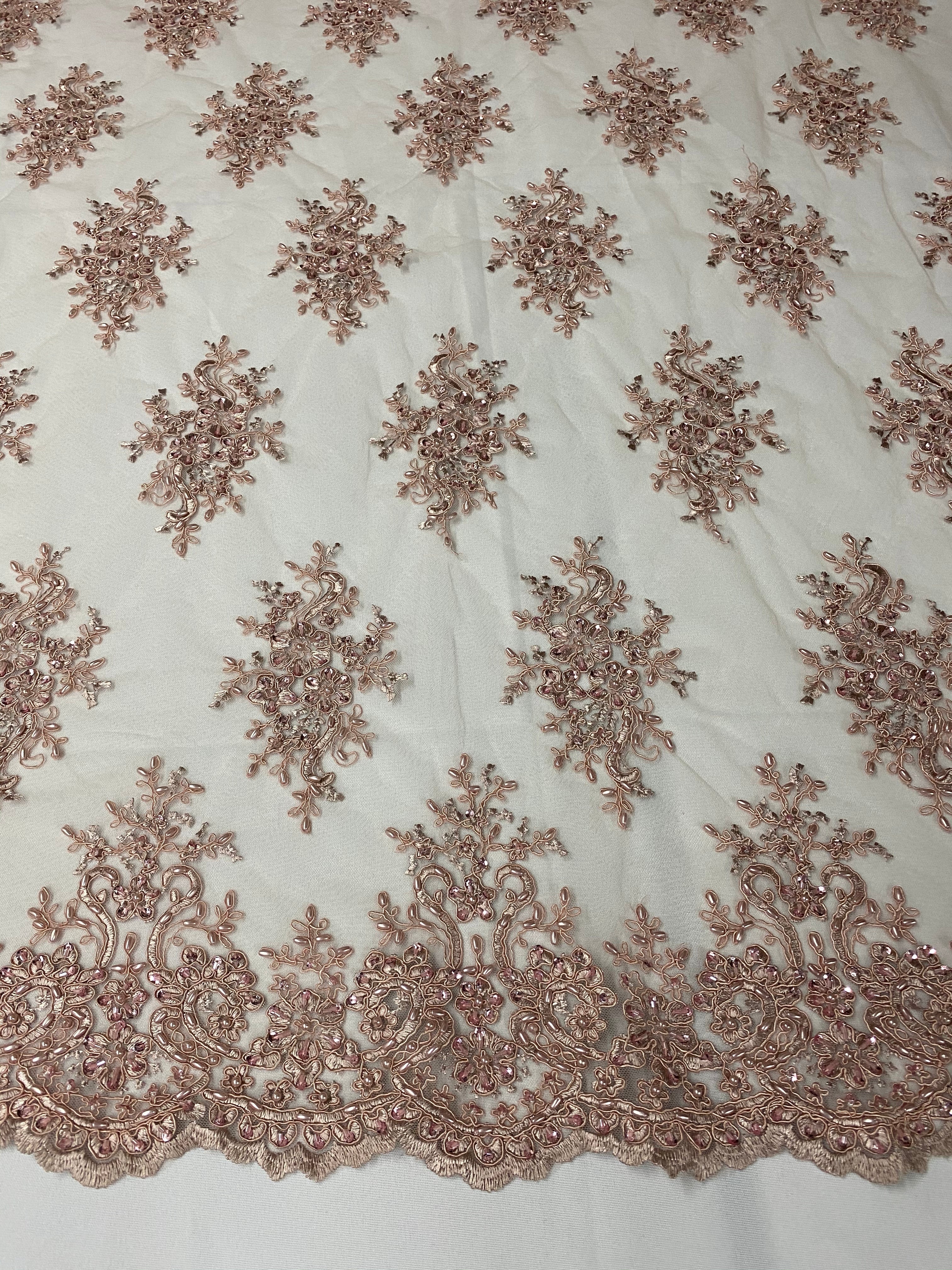 Floral Cluster Beads - Blush - Embroidered Beaded Flower Design Fabric on Mesh