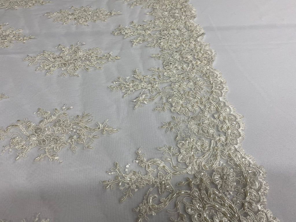 Floral Cluster Beads - Ivory - Embroidered Beaded Flower Design Fabric on Mesh