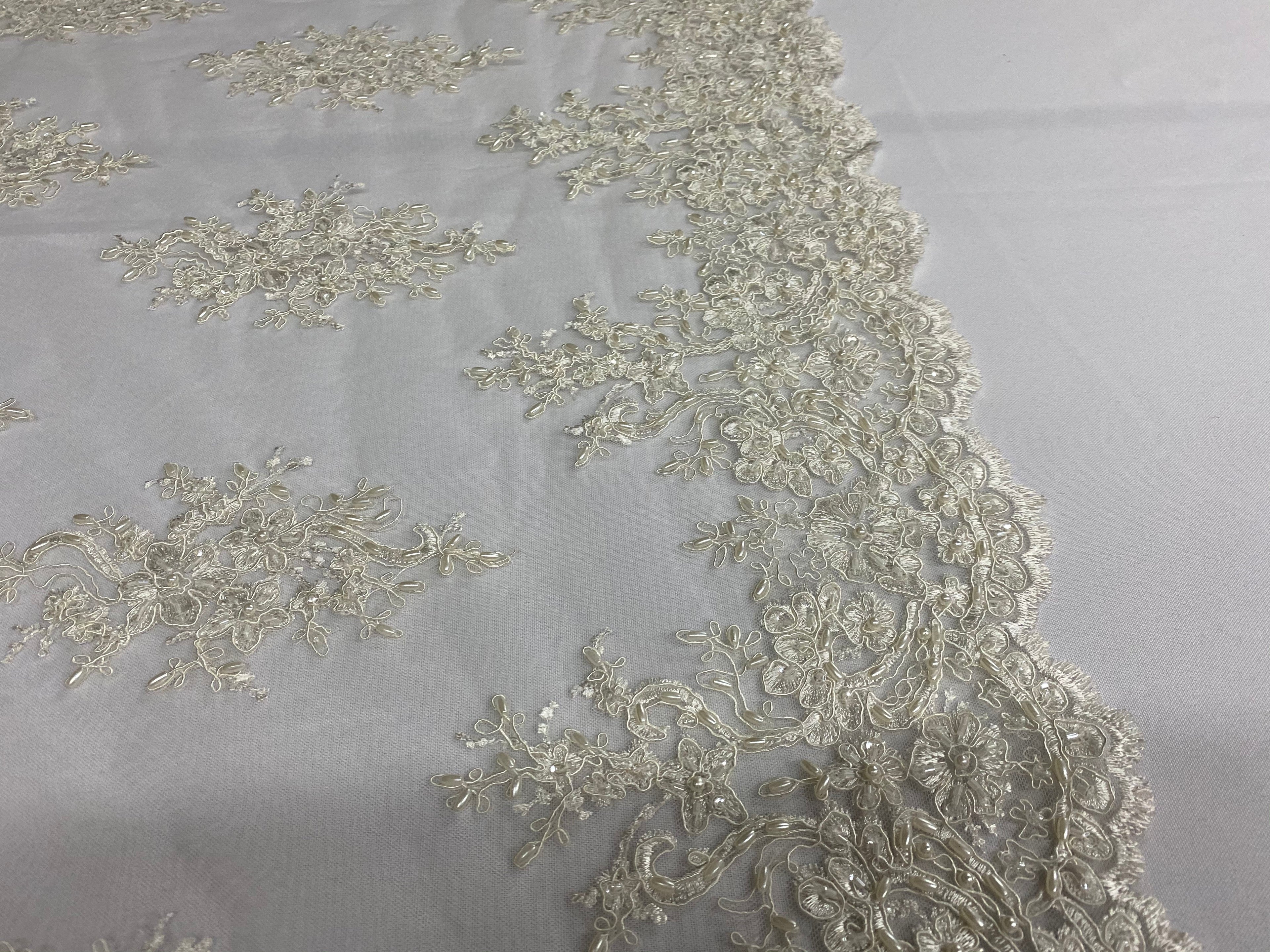 Floral Cluster Beads - Ivory - Embroidered Beaded Flower Design Fabric on Mesh
