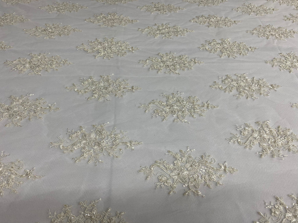 Floral Cluster Beads - Ivory - Embroidered Beaded Flower Design Fabric on Mesh