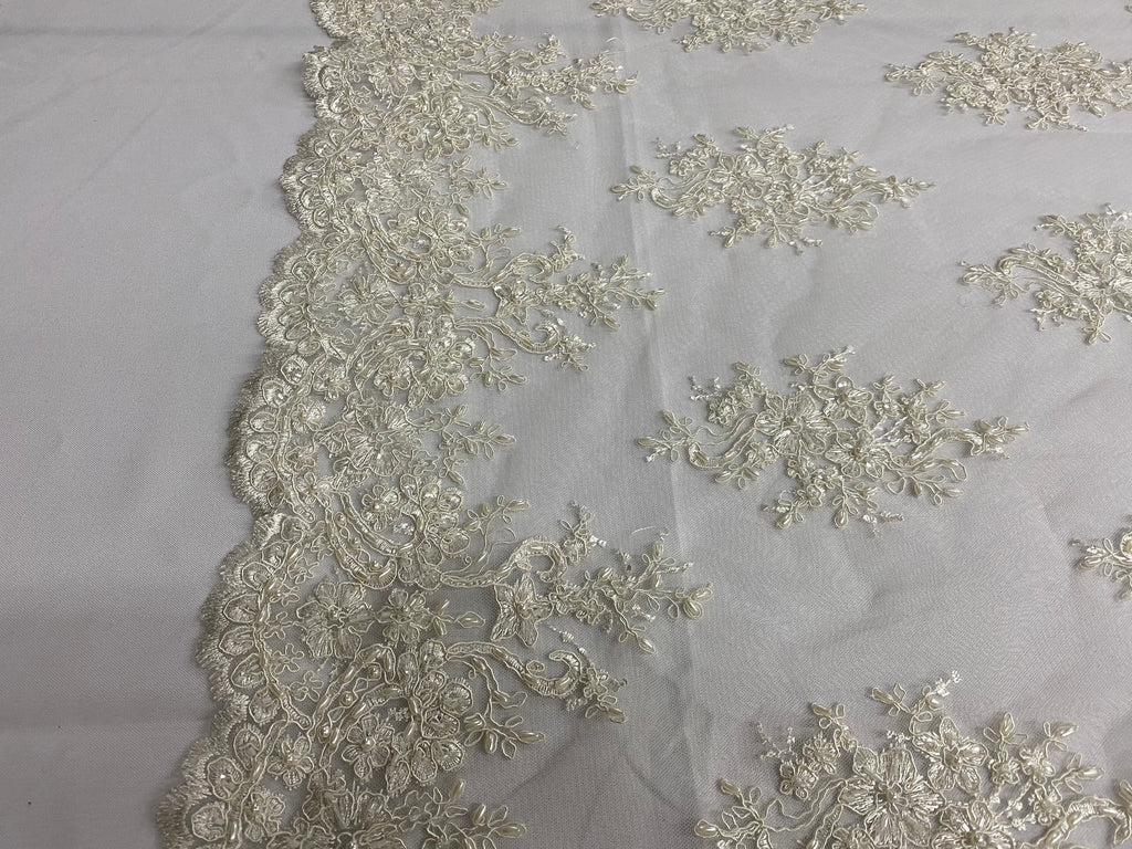 Floral Cluster Beads - Ivory - Embroidered Beaded Flower Design Fabric on Mesh