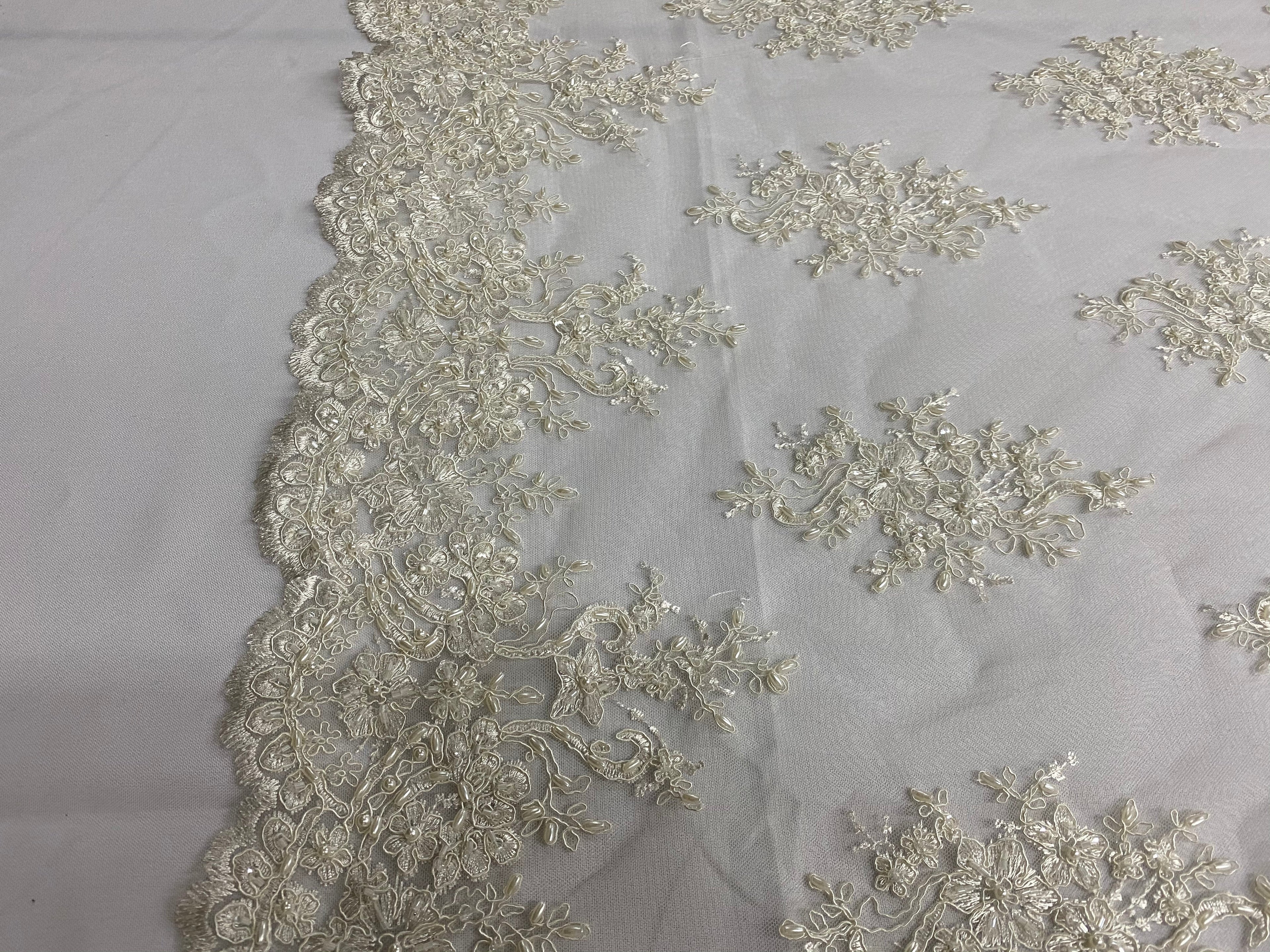 Floral Cluster Beads - Ivory - Embroidered Beaded Flower Design Fabric on Mesh