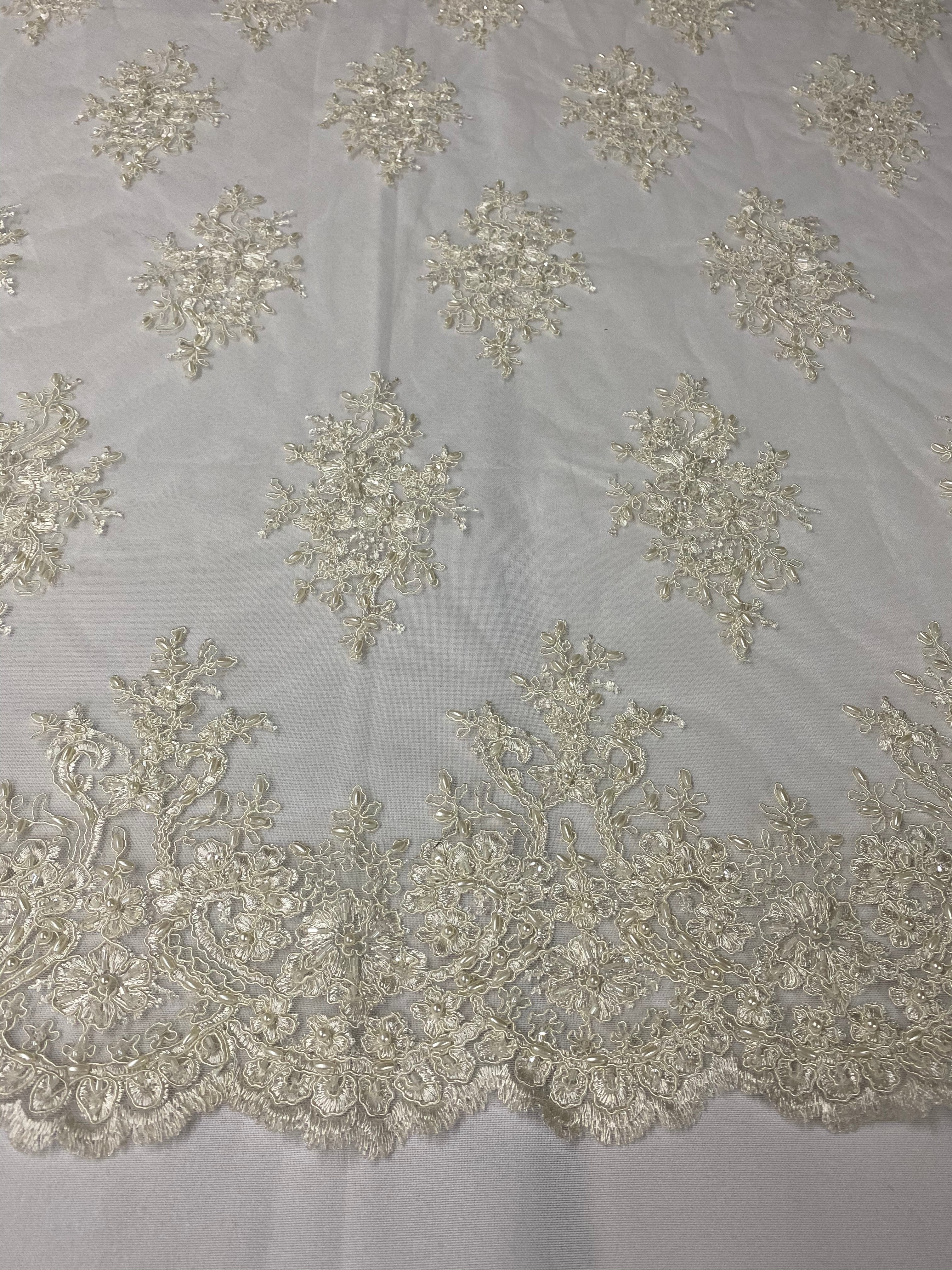 Floral Cluster Beads - Ivory - Embroidered Beaded Flower Design Fabric on Mesh