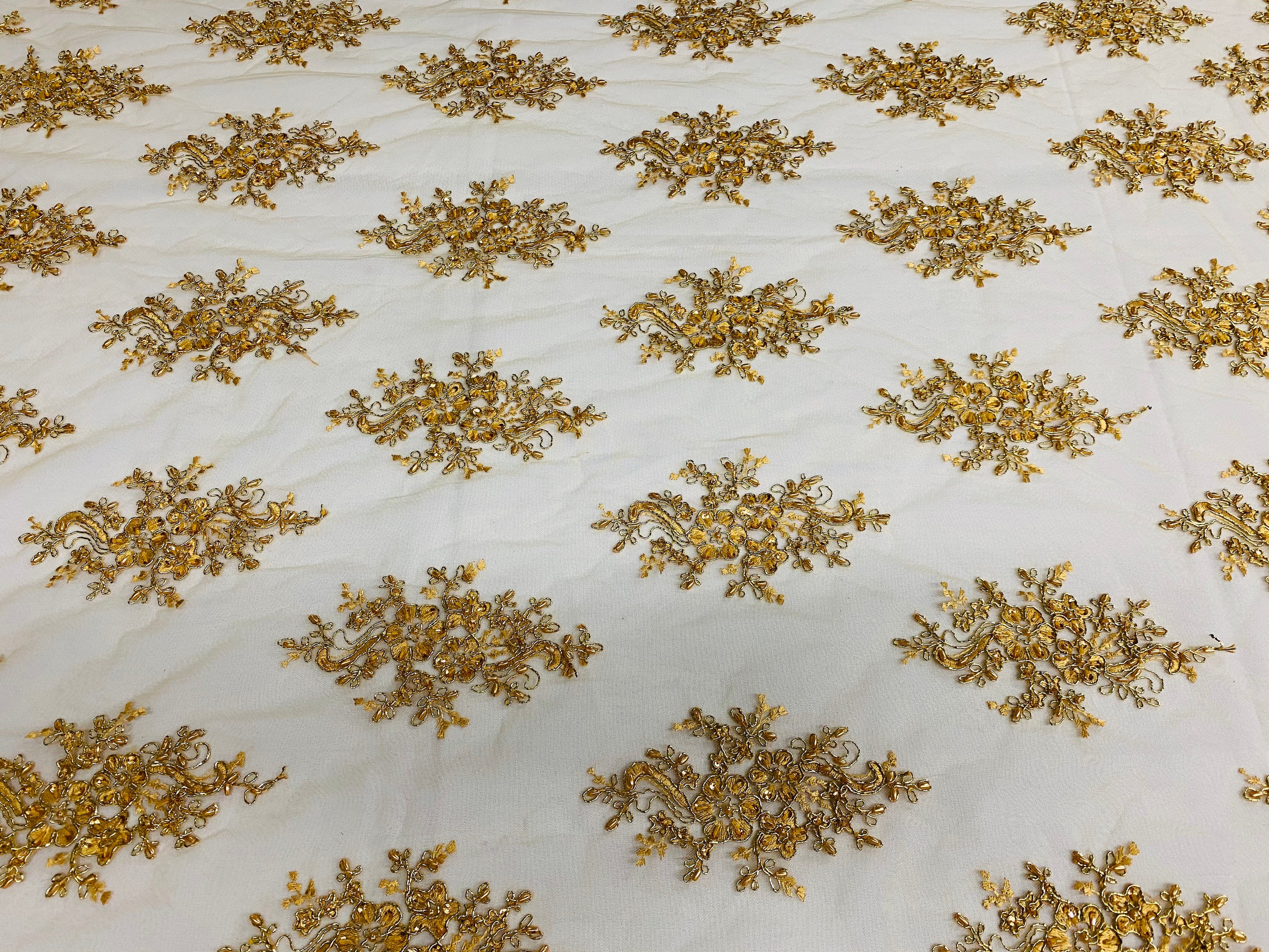 Floral Cluster Beads - Gold Metallic - Embroidered Beaded Flower Design Fabric on Mesh
