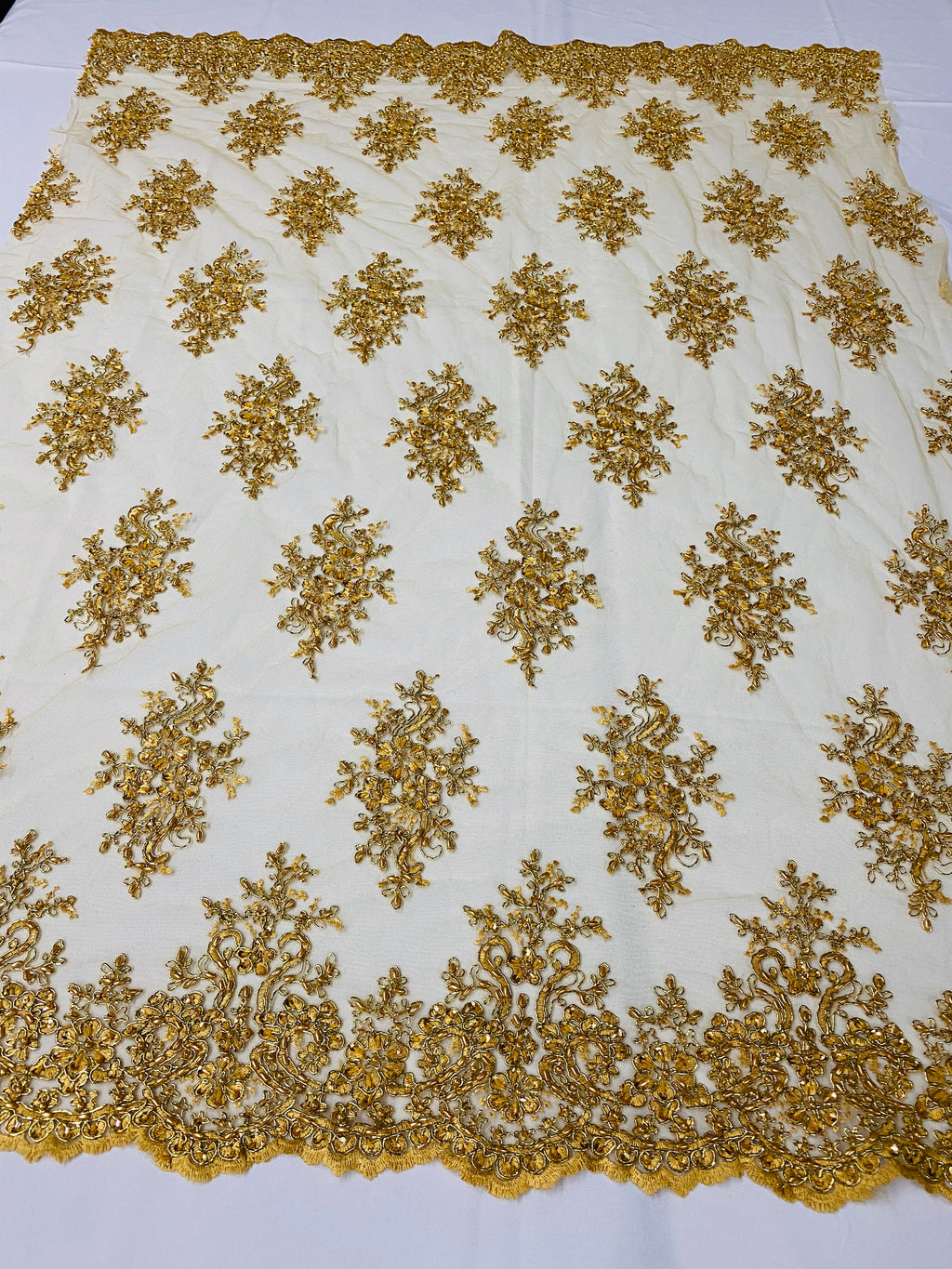 Floral Cluster Beads - Gold Metallic - Embroidered Beaded Flower Design Fabric on Mesh