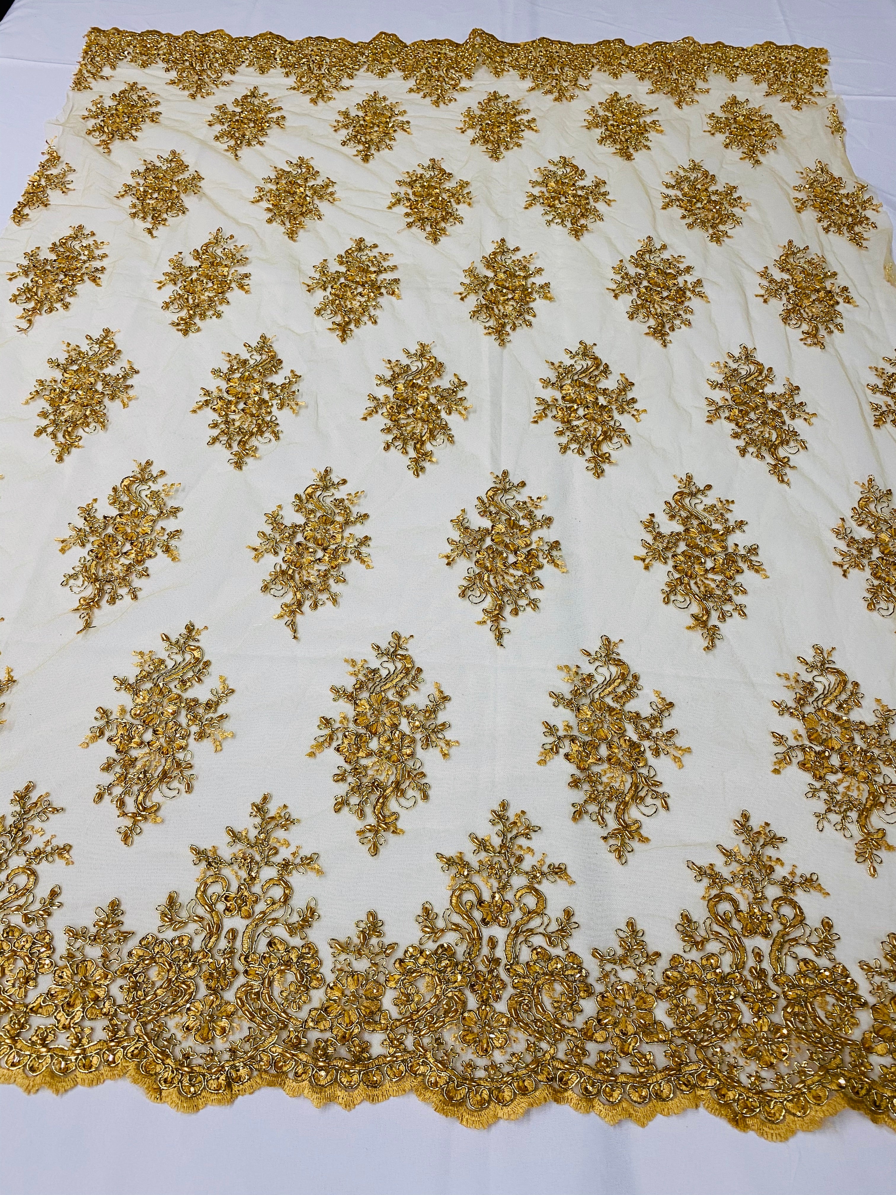 Floral Cluster Beads - Gold Metallic - Embroidered Beaded Flower Design Fabric on Mesh