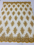 Floral Cluster Beads - Gold Metallic - Embroidered Beaded Flower Design Fabric on Mesh