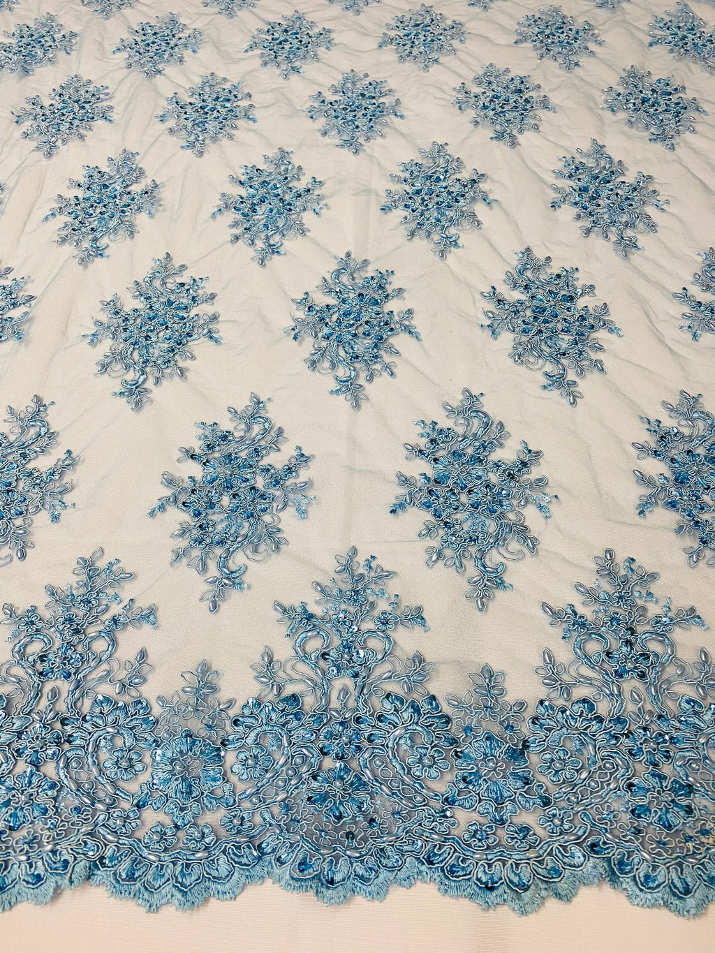 Floral Cluster Beads - Blue - Embroidered Beaded Flower Design Fabric on Mesh