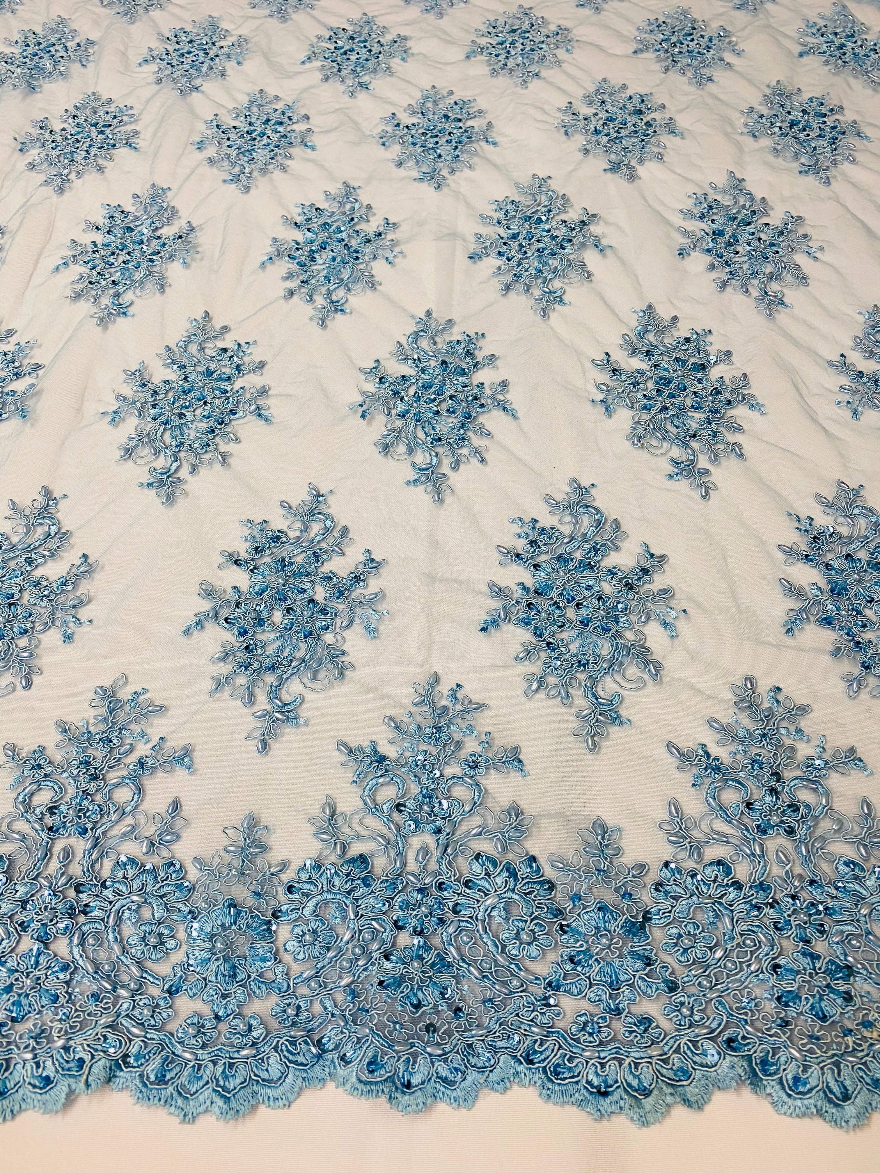 Floral Cluster Beads - Blue - Embroidered Beaded Flower Design Fabric on Mesh