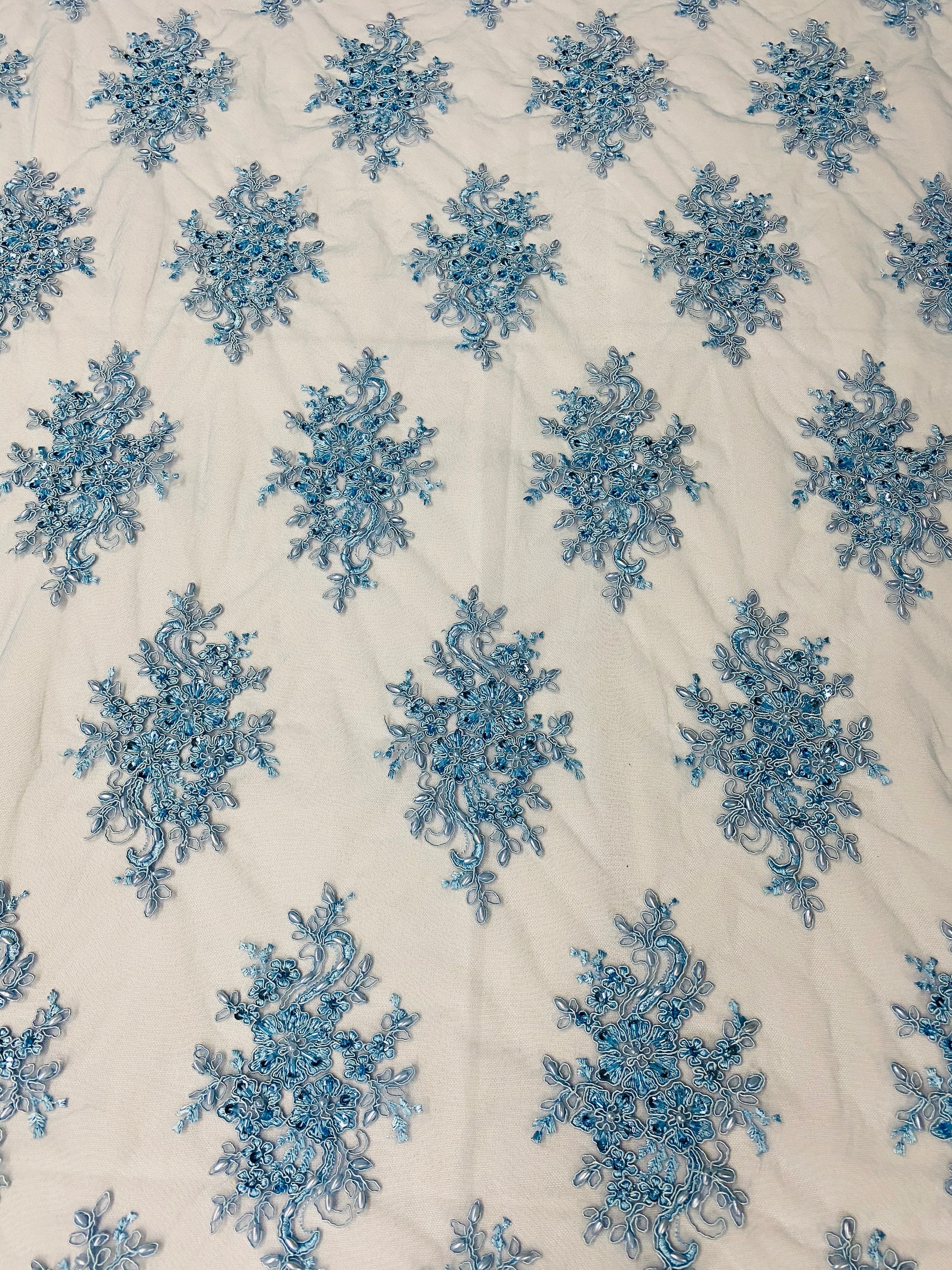 Floral Cluster Beads - Blue - Embroidered Beaded Flower Design Fabric on Mesh
