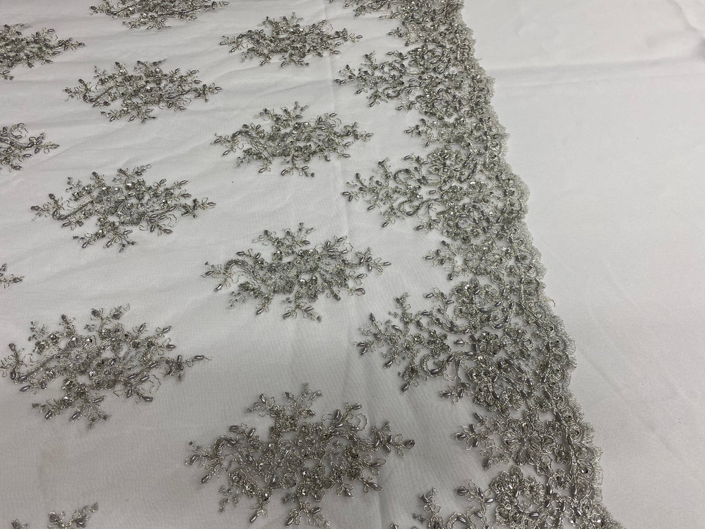 Floral Cluster Beads - Silver White Mesh - Embroidered Beaded Flower Design Fabric on Mesh