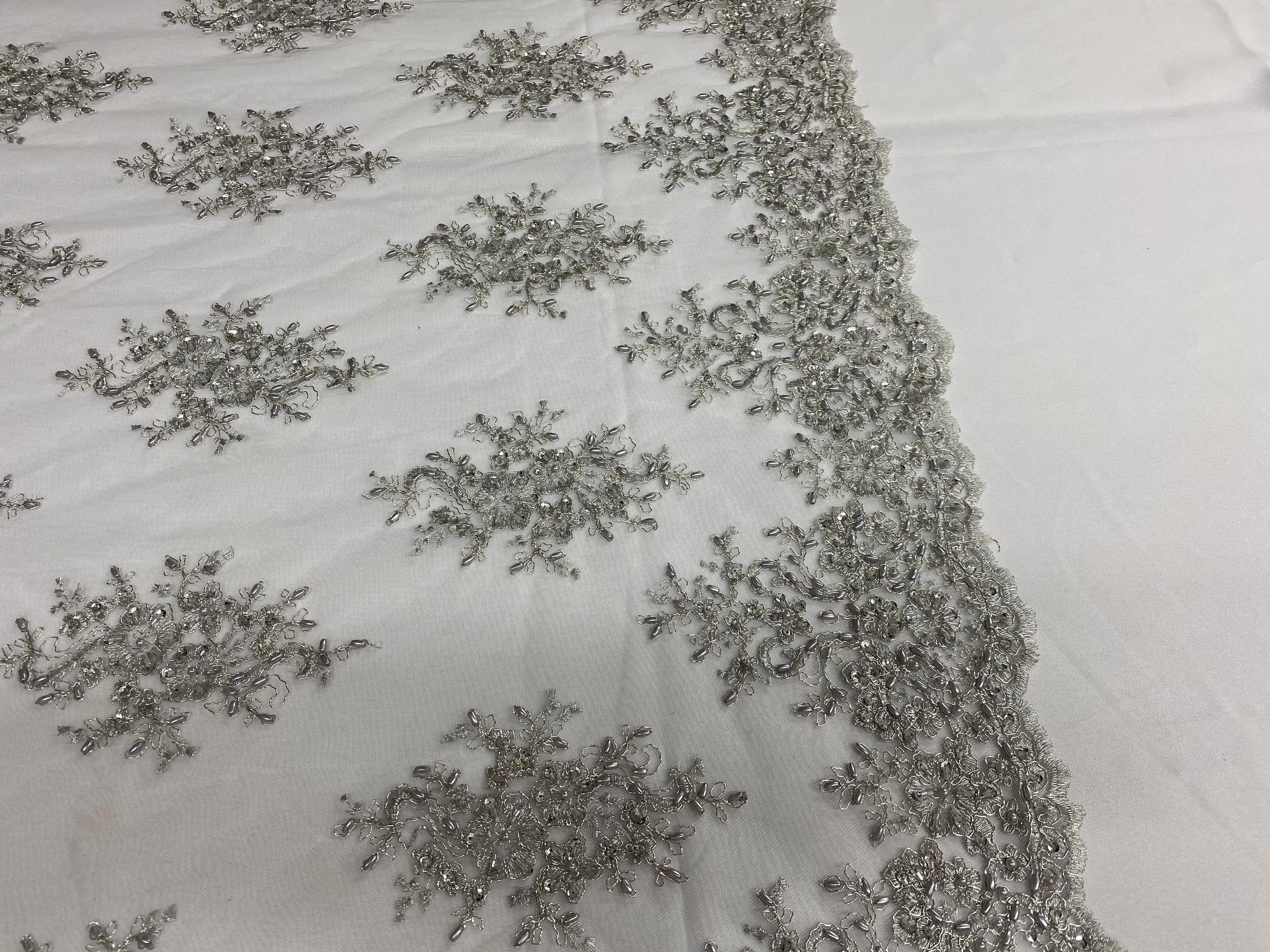 Floral Cluster Beads - Silver White Mesh - Embroidered Beaded Flower Design Fabric on Mesh
