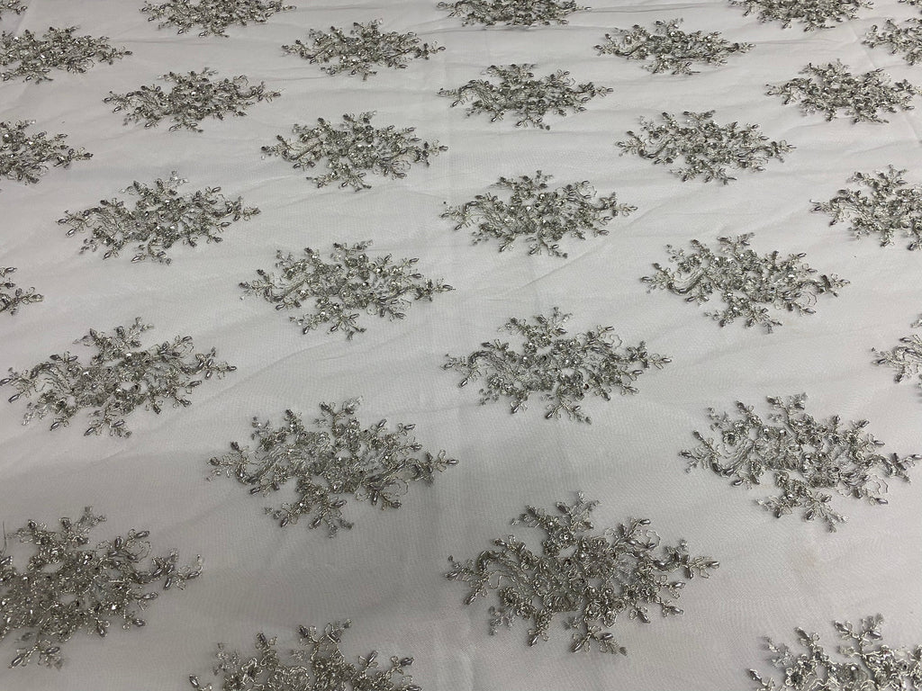 Floral Cluster Beads - Silver White Mesh - Embroidered Beaded Flower Design Fabric on Mesh