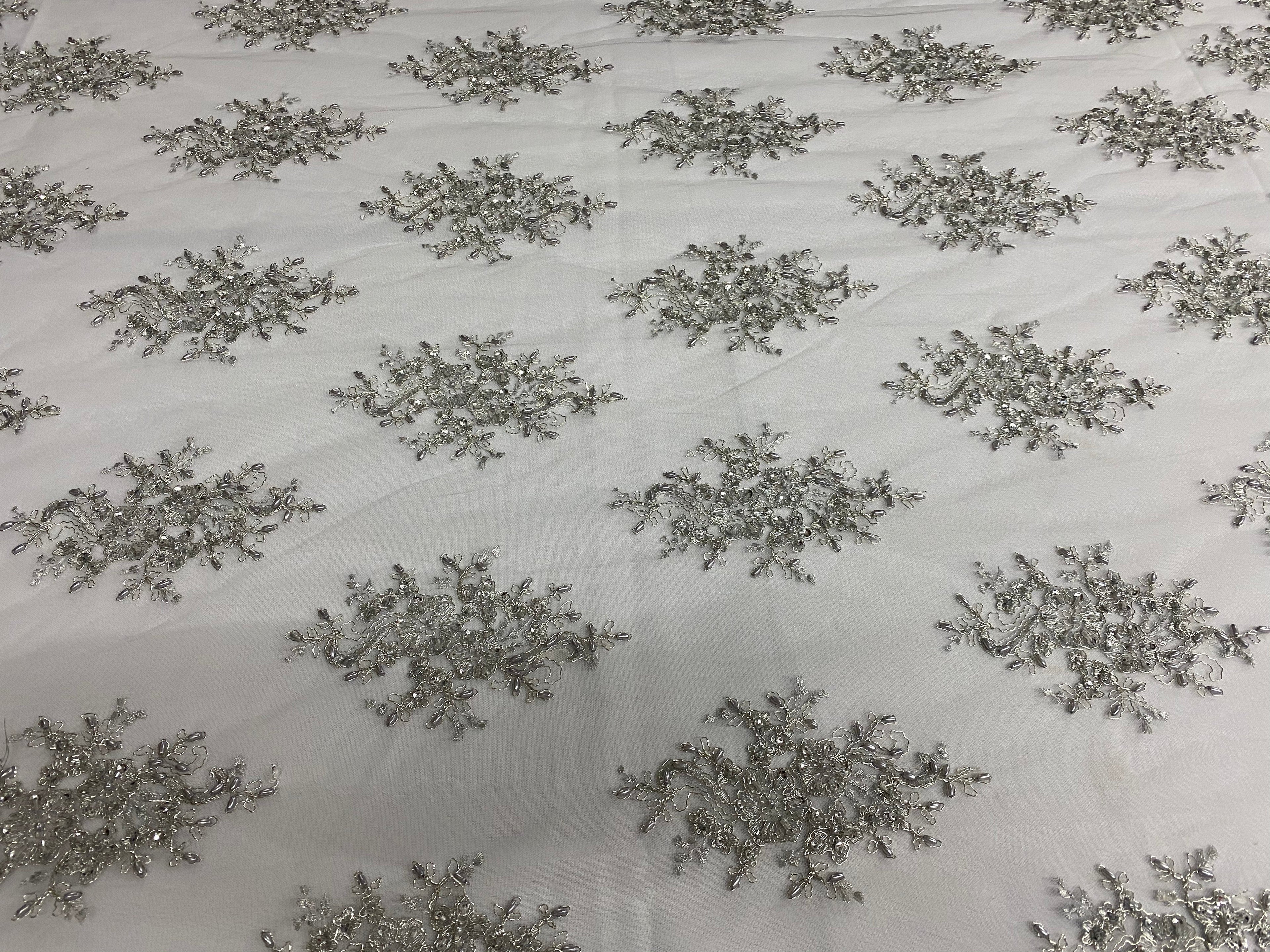 Floral Cluster Beads - Silver White Mesh - Embroidered Beaded Flower Design Fabric on Mesh