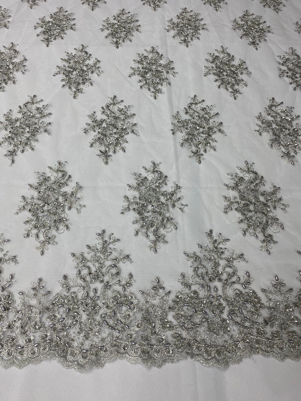 Floral Cluster Beads - Silver White Mesh - Embroidered Beaded Flower Design Fabric on Mesh