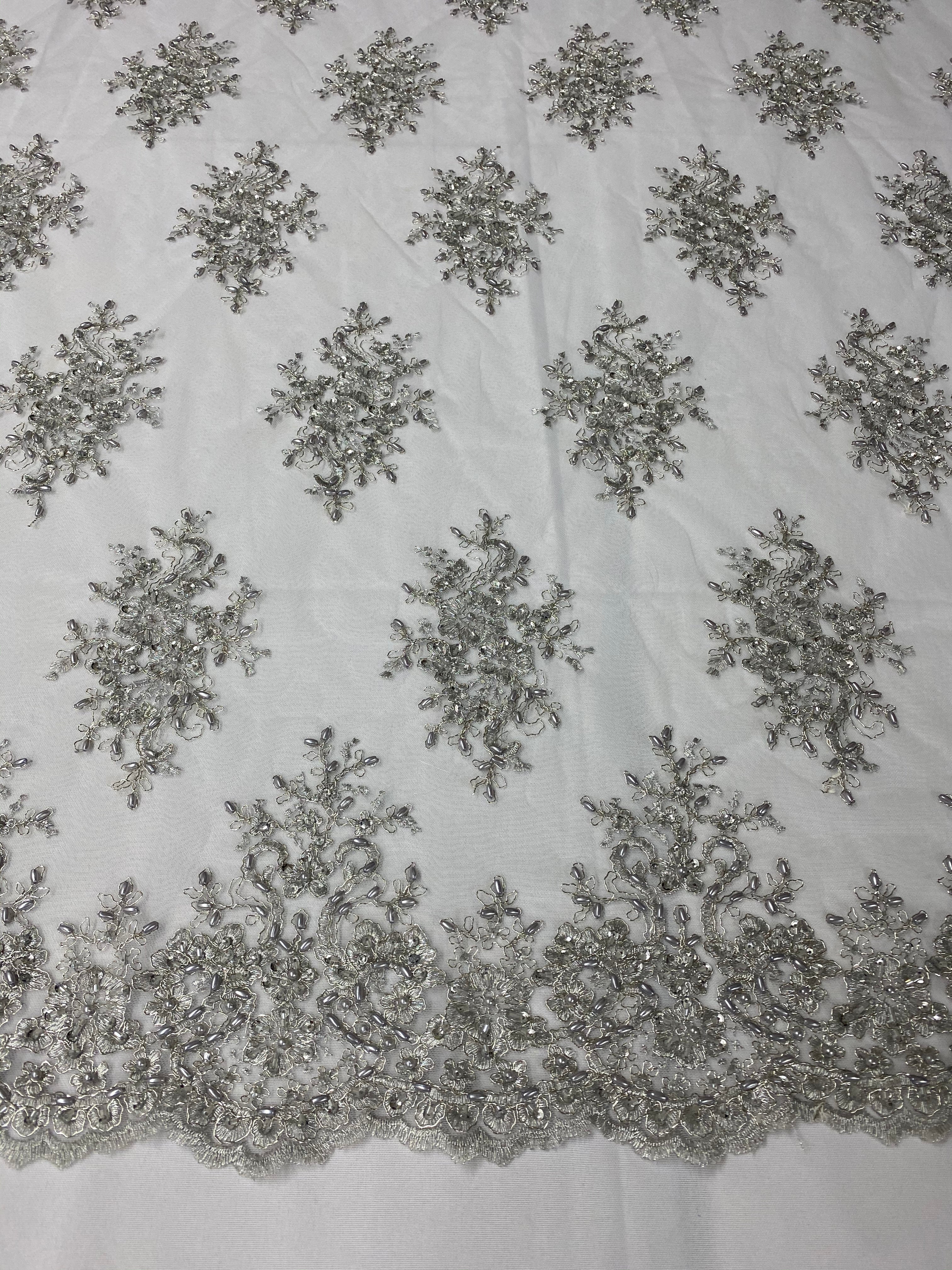 Floral Cluster Beads - Silver White Mesh - Embroidered Beaded Flower Design Fabric on Mesh