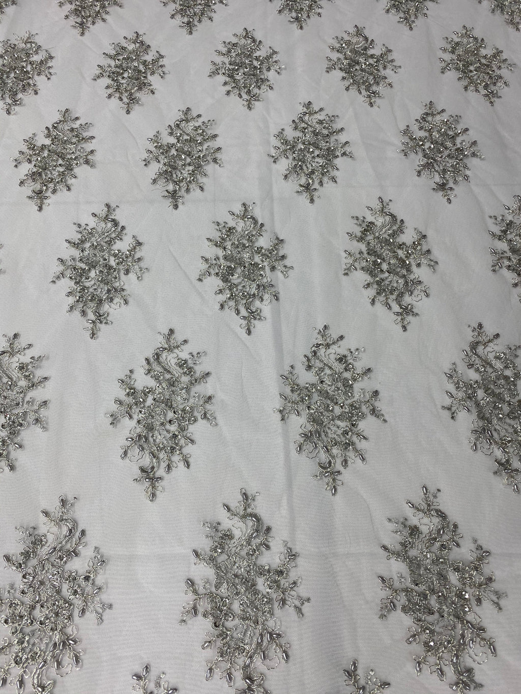 Floral Cluster Beads - Silver White Mesh - Embroidered Beaded Flower Design Fabric on Mesh
