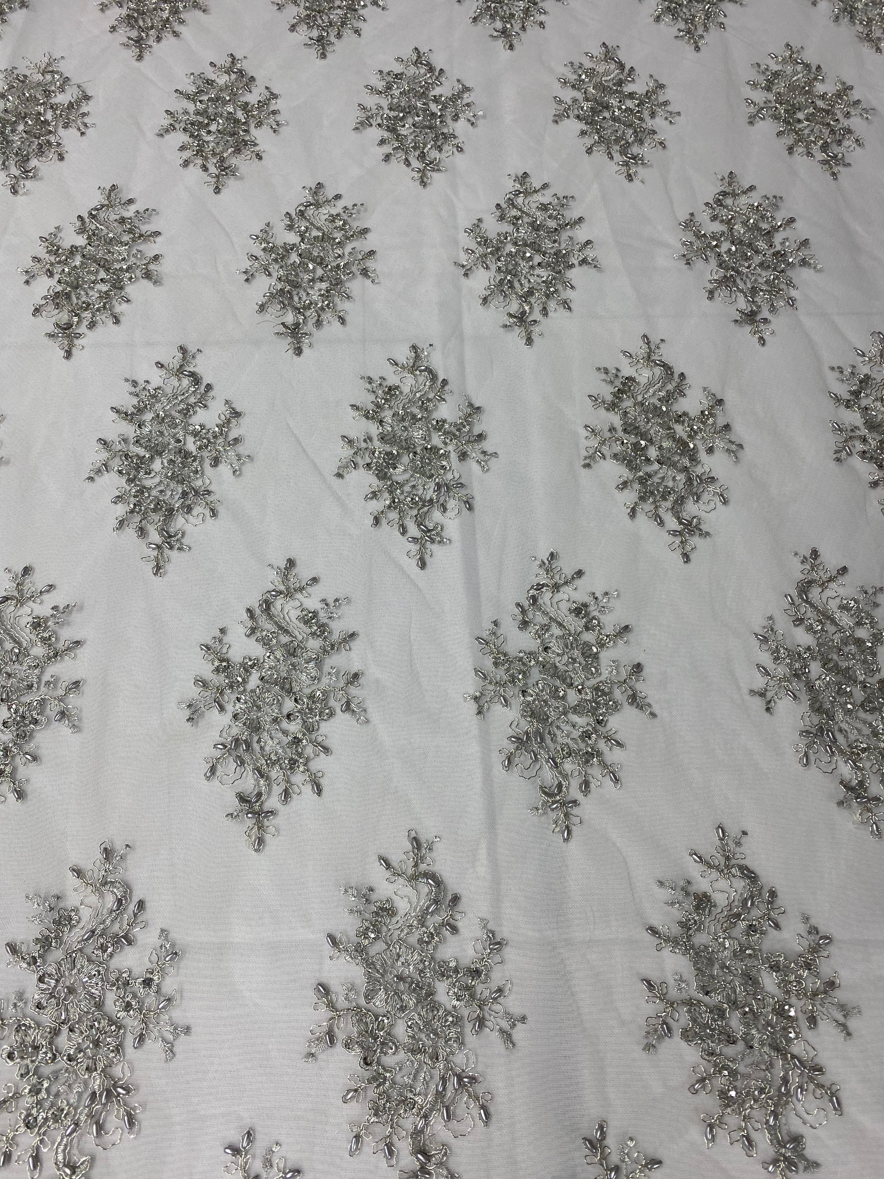 Floral Cluster Beads - Silver White Mesh - Embroidered Beaded Flower Design Fabric on Mesh