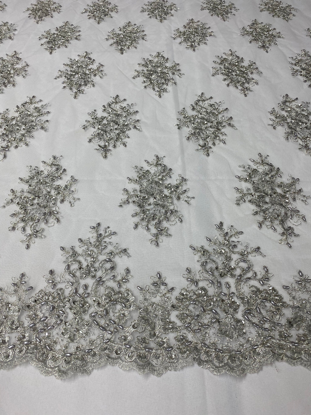 Floral Cluster Beads - Silver White Mesh - Embroidered Beaded Flower Design Fabric on Mesh