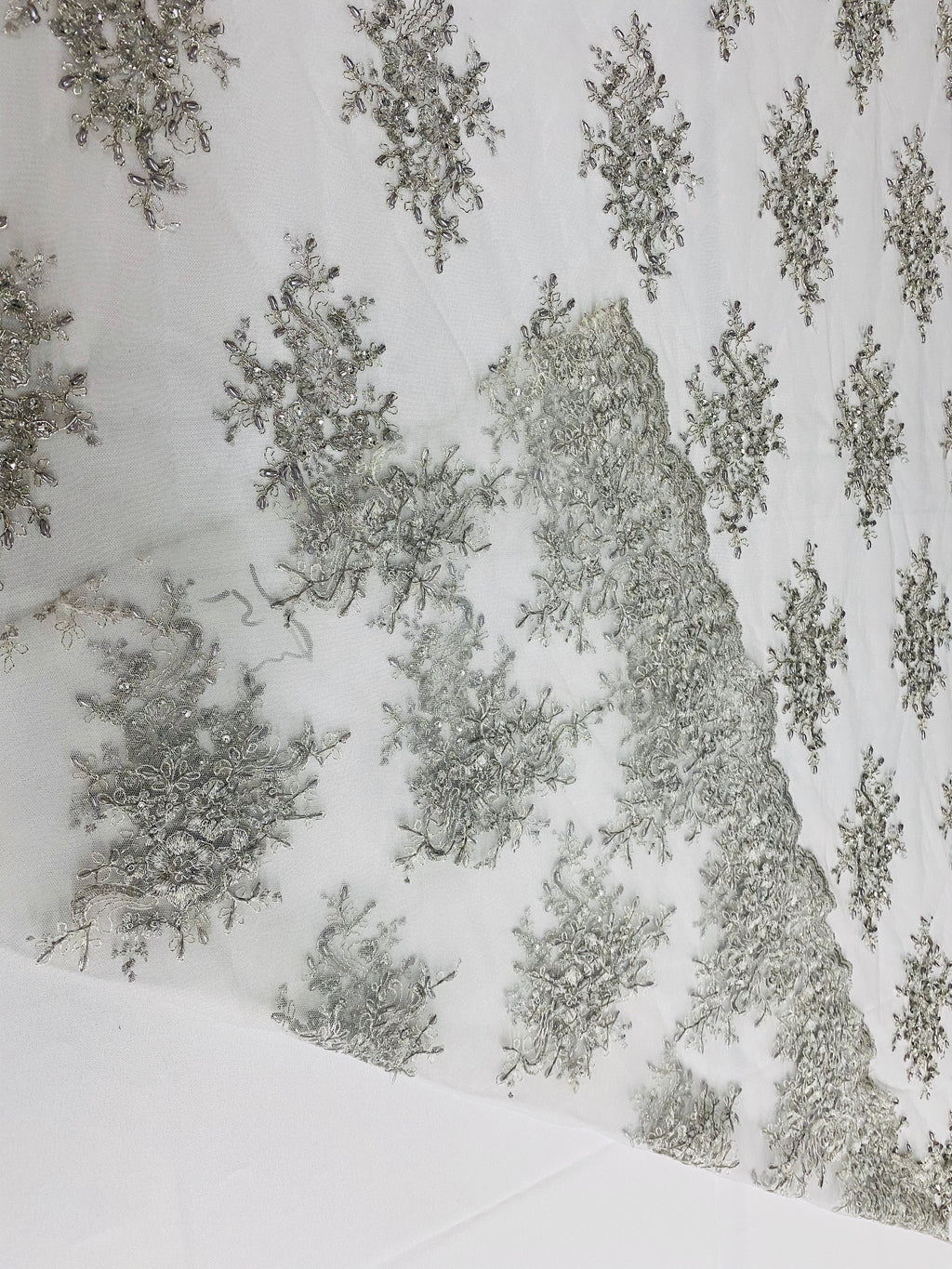Floral Cluster Beads - Silver White Mesh - Embroidered Beaded Flower Design Fabric on Mesh