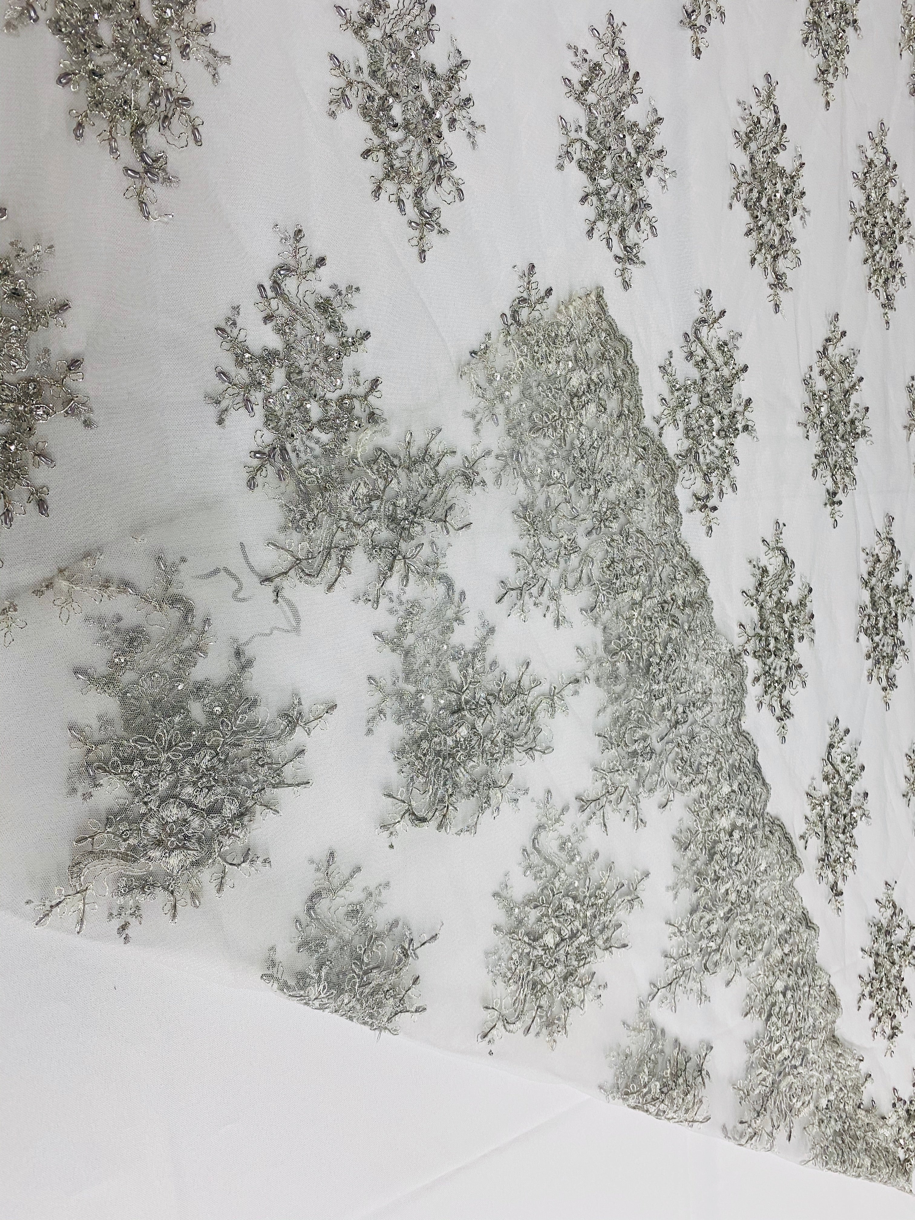 Floral Cluster Beads - Silver White Mesh - Embroidered Beaded Flower Design Fabric on Mesh