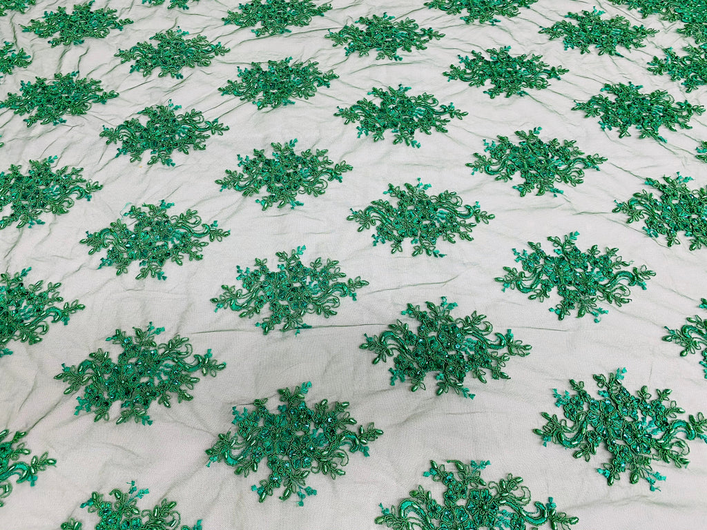 Floral Cluster Beads - Emerald Green - Embroidered Beaded Flower Design Fabric on Mesh