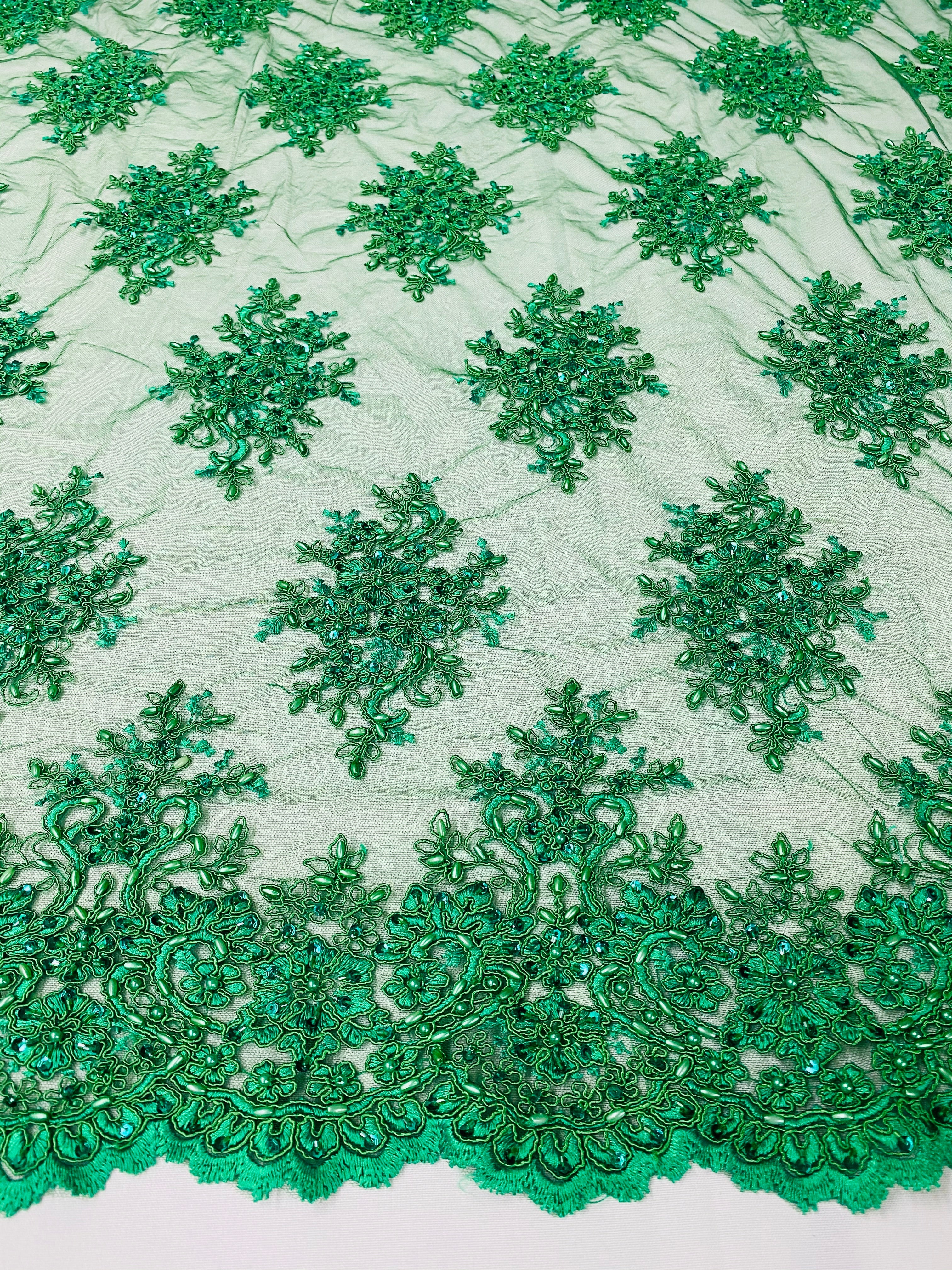 Floral Cluster Beads - Emerald Green - Embroidered Beaded Flower Design Fabric on Mesh