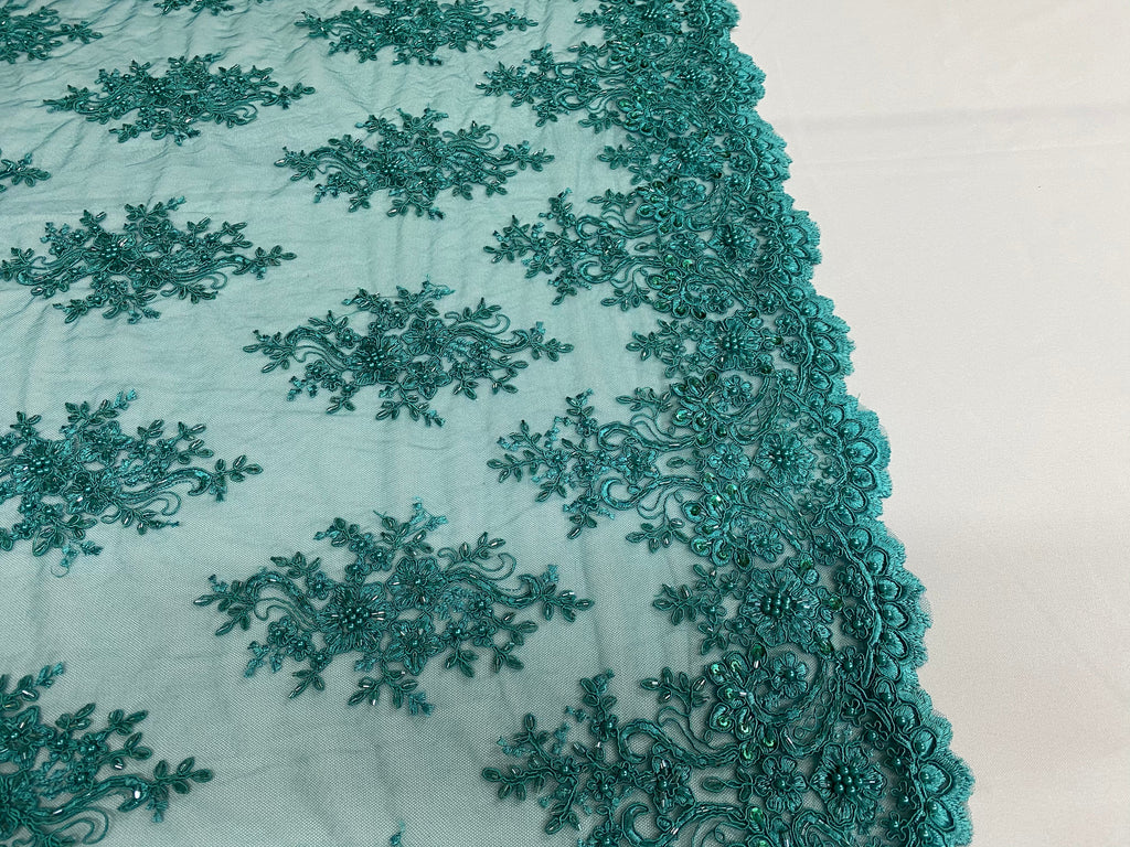 Floral Cluster Beads - Teal Blue - Embroidered Beaded Flower Design Fabric By Yard