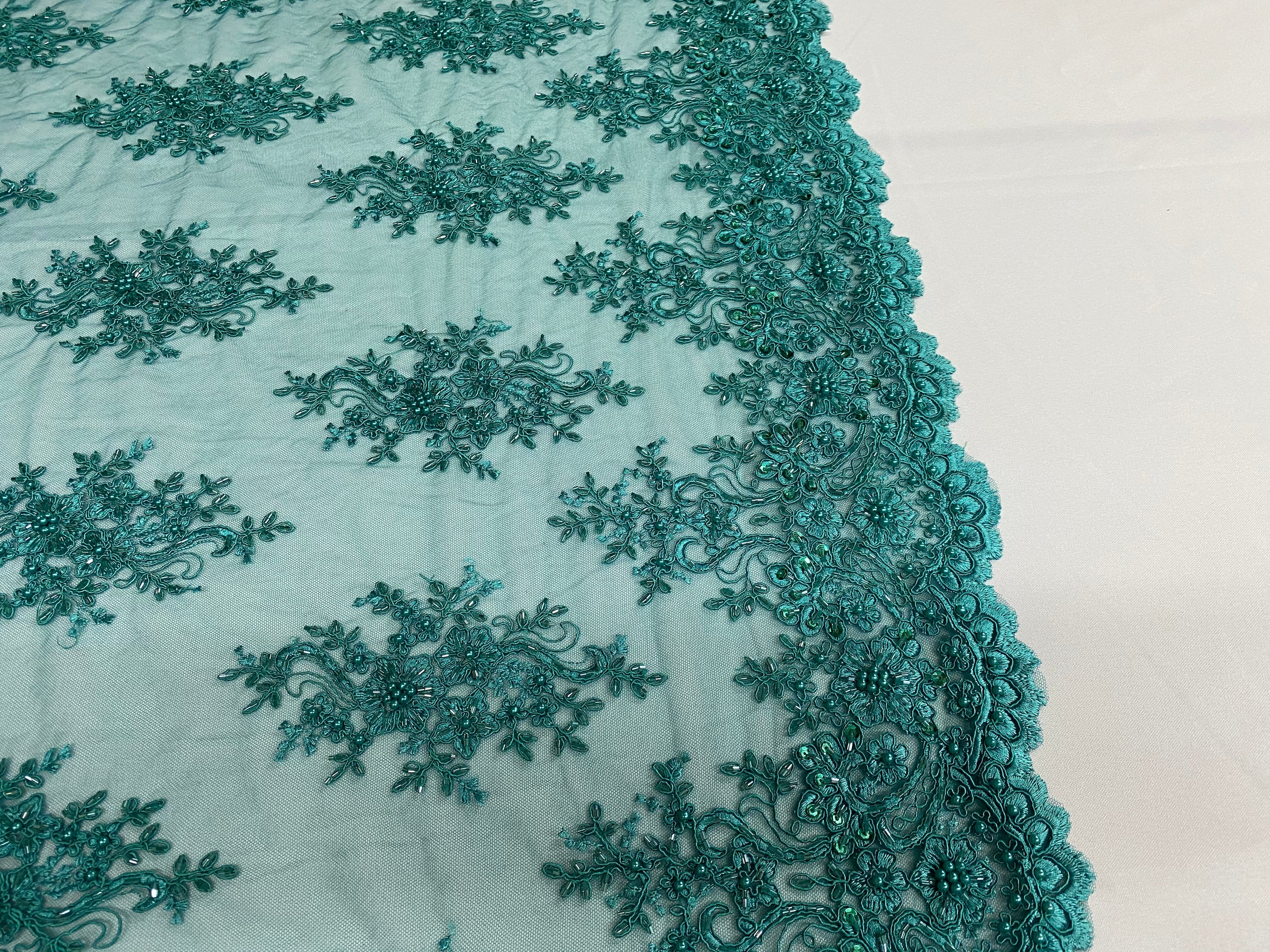 Floral Cluster Beads - Teal Blue - Embroidered Beaded Flower Design Fabric By Yard
