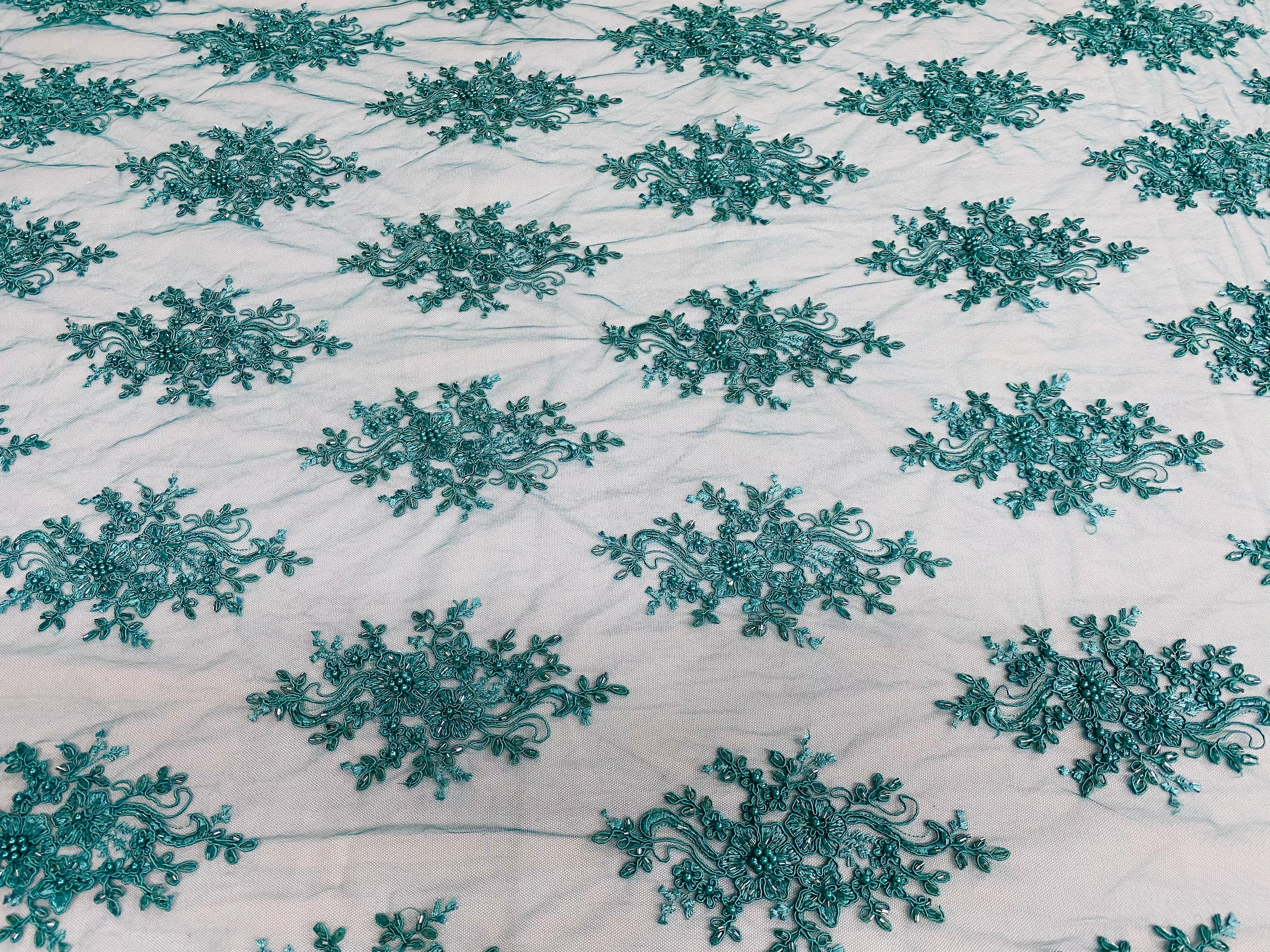 Floral Cluster Beads - Teal Blue - Embroidered Beaded Flower Design Fabric By Yard