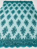 Floral Cluster Beads - Teal Blue - Embroidered Beaded Flower Design Fabric By Yard