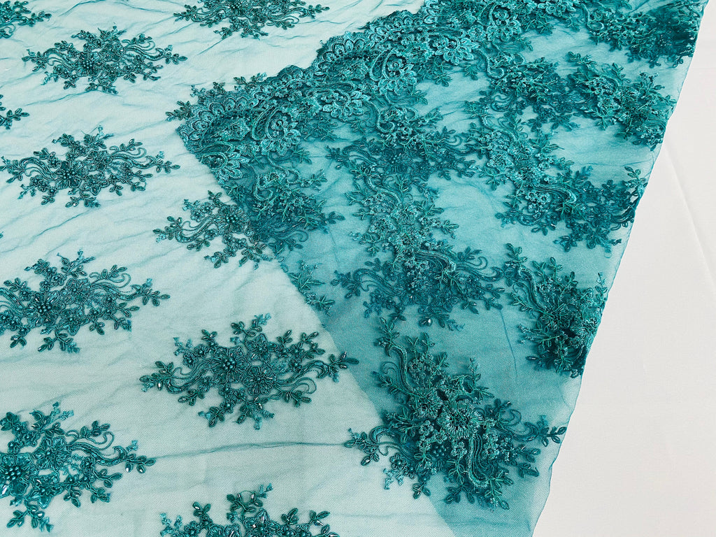 Floral Cluster Beads - Teal Blue - Embroidered Beaded Flower Design Fabric By Yard