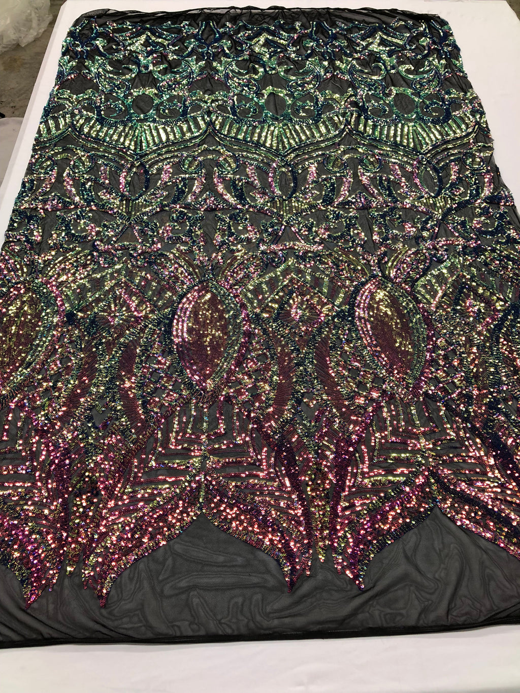 Iridescent Rainbow - 4 Way Stretch Embroidered Royalty Sequins Design Fabric By Yard
