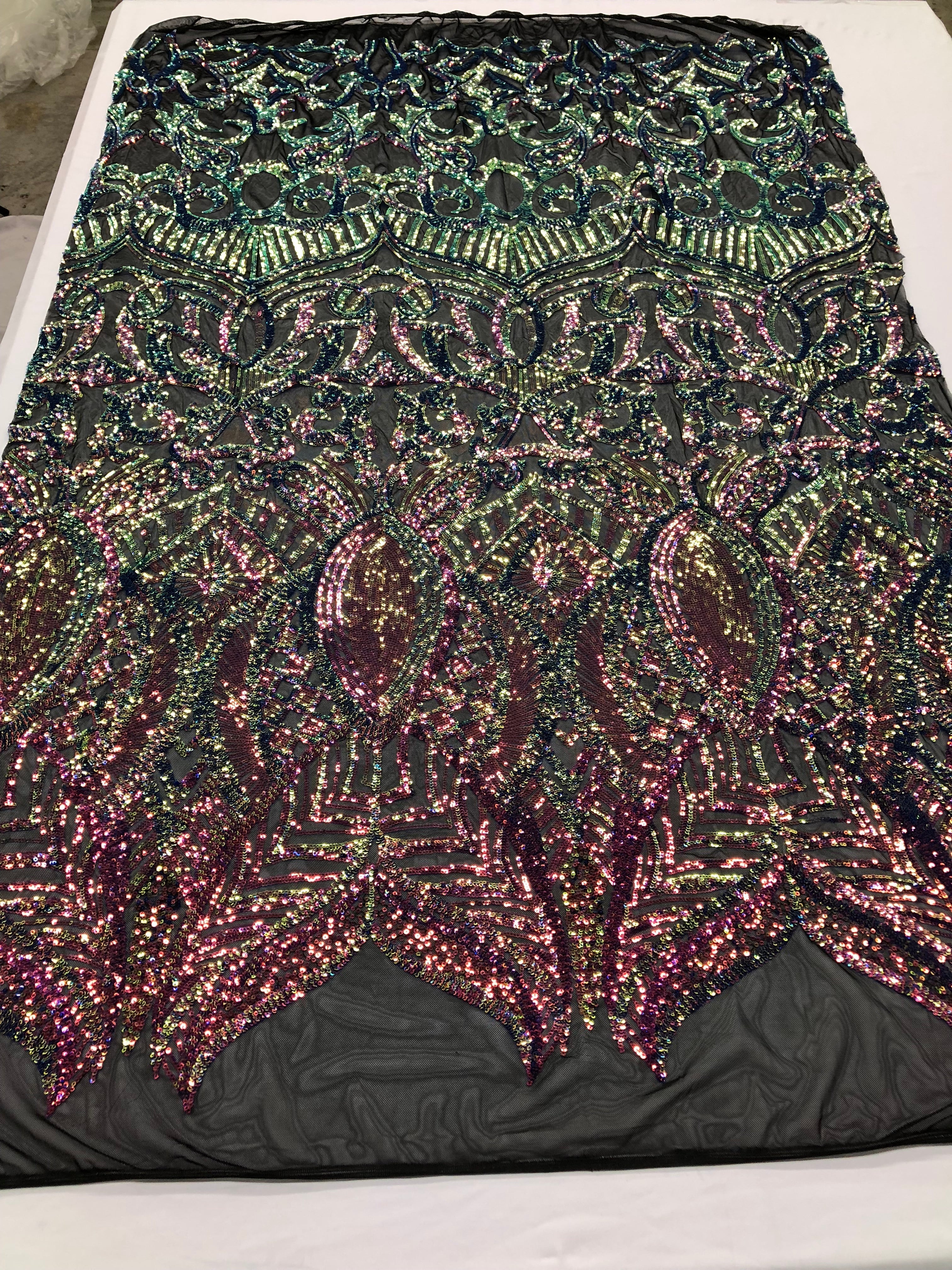 Iridescent Rainbow - 4 Way Stretch Embroidered Royalty Sequins Design Fabric By Yard