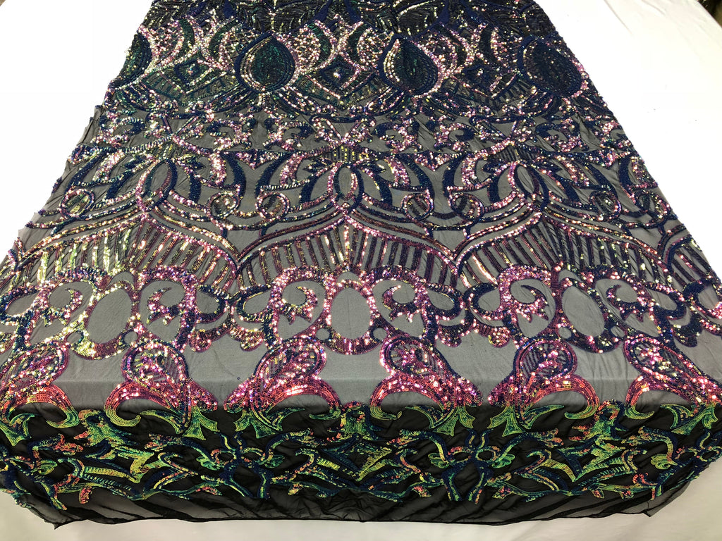 Iridescent Rainbow - 4 Way Stretch Embroidered Royalty Sequins Design Fabric By Yard