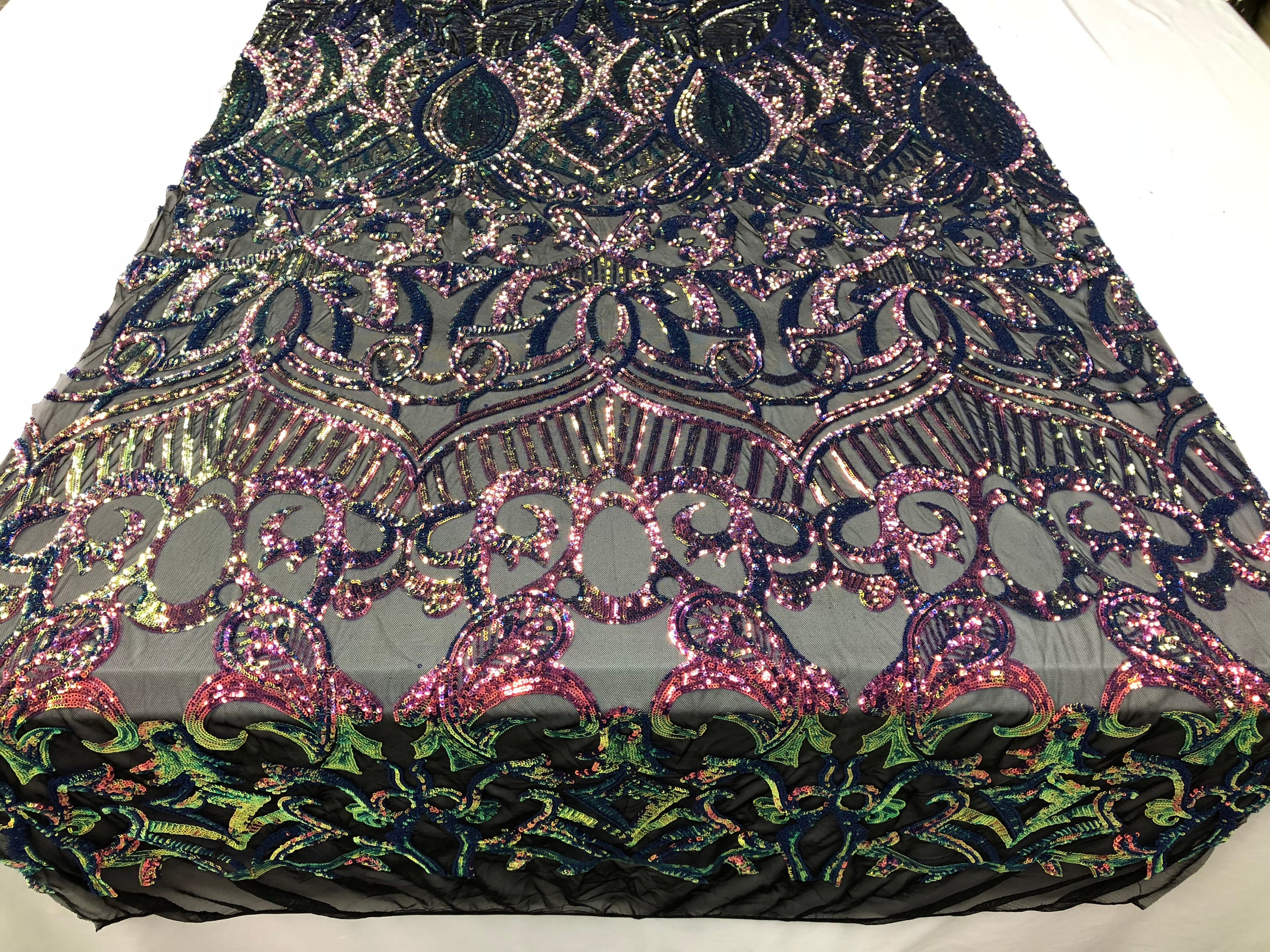 Iridescent Rainbow - 4 Way Stretch Embroidered Royalty Sequins Design Fabric By Yard