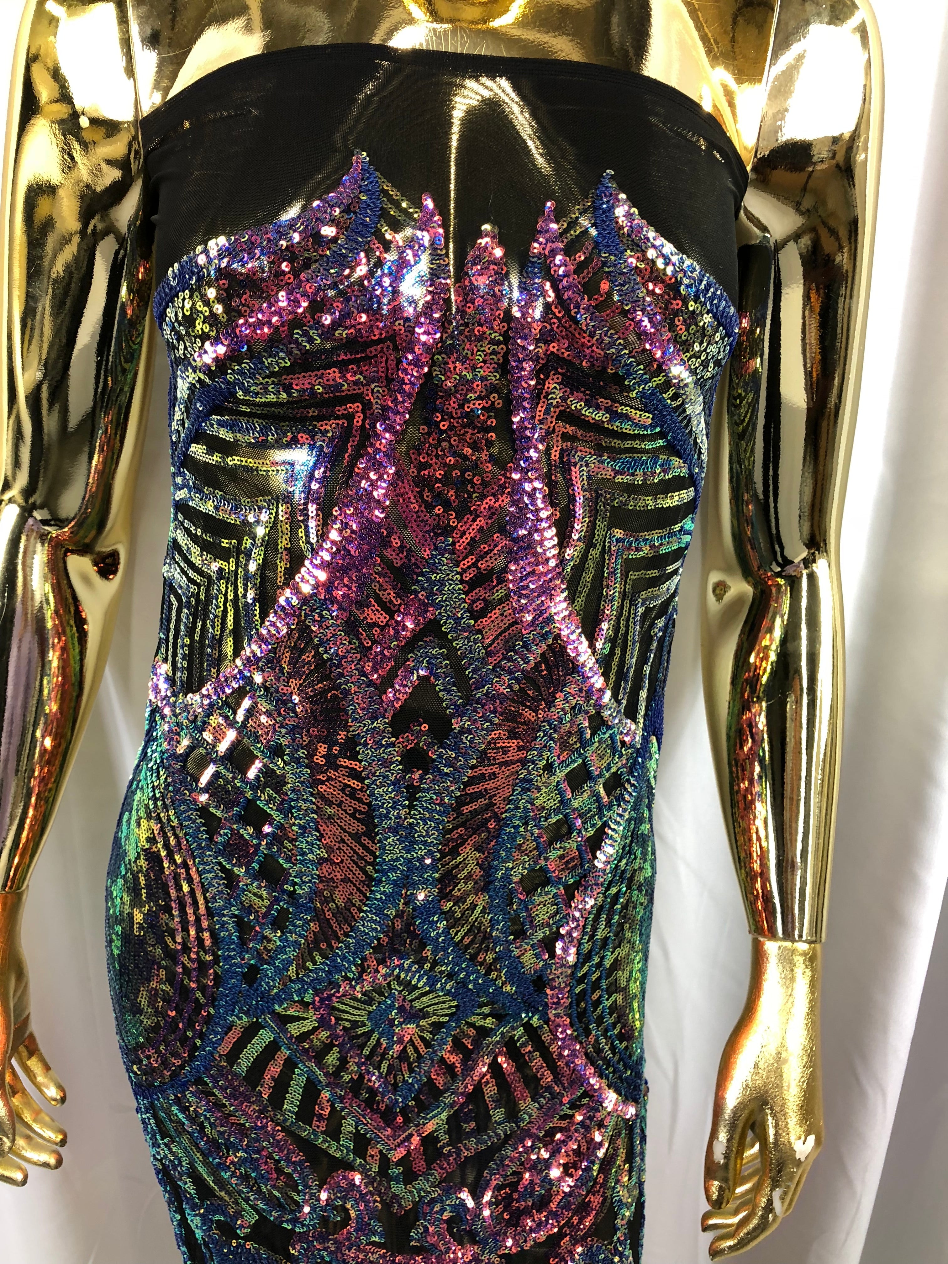 Iridescent Rainbow - 4 Way Stretch Embroidered Royalty Sequins Design Fabric By Yard