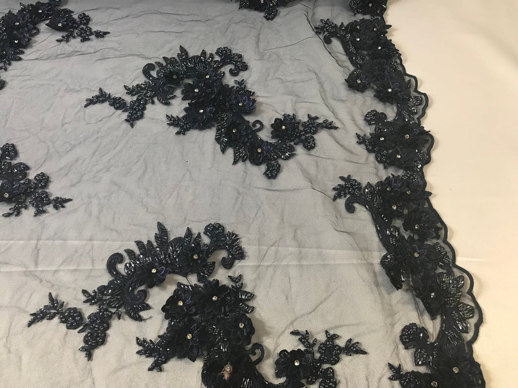 Floral - Navy - 3D Beaded Embroidery Fabric with Rhinestones - Beautiful Design by The Yard
