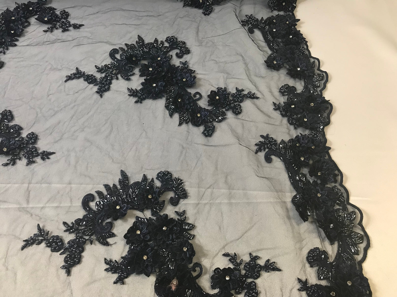 Floral - Navy - 3D Beaded Embroidery Fabric with Rhinestones - Beautiful Design by The Yard