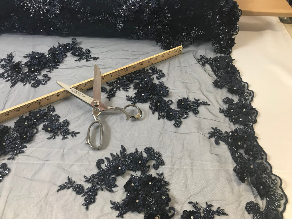 Floral - Navy - 3D Beaded Embroidery Fabric with Rhinestones - Beautiful Design by The Yard
