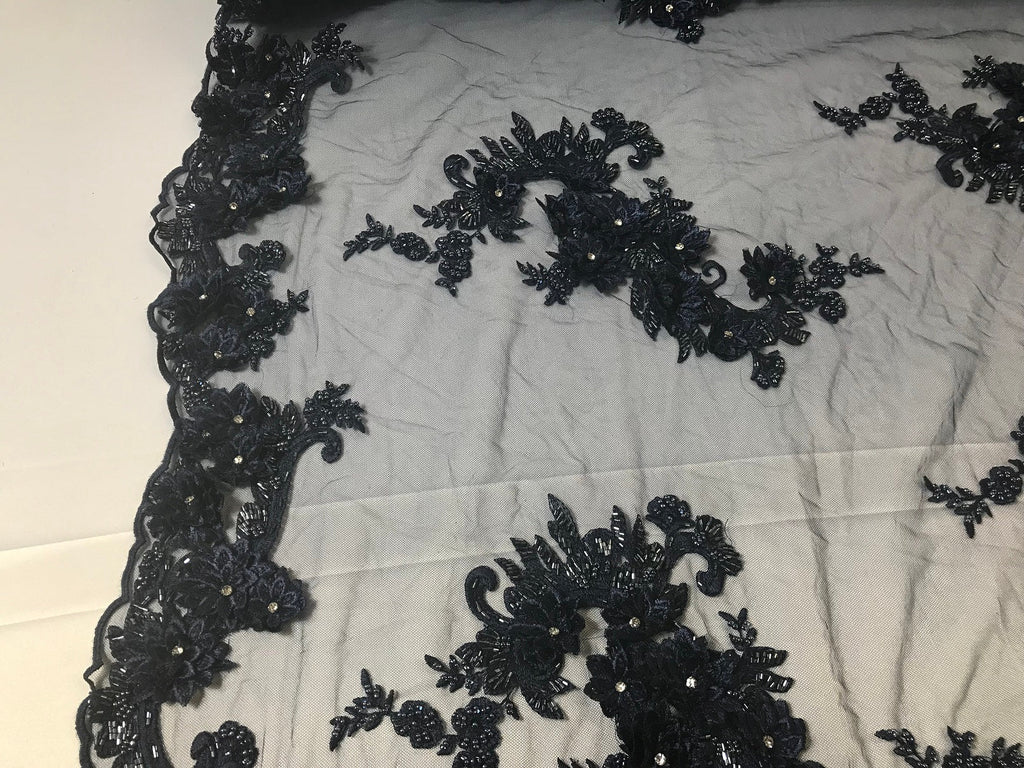 Floral - Navy - 3D Beaded Embroidery Fabric with Rhinestones - Beautiful Design by The Yard