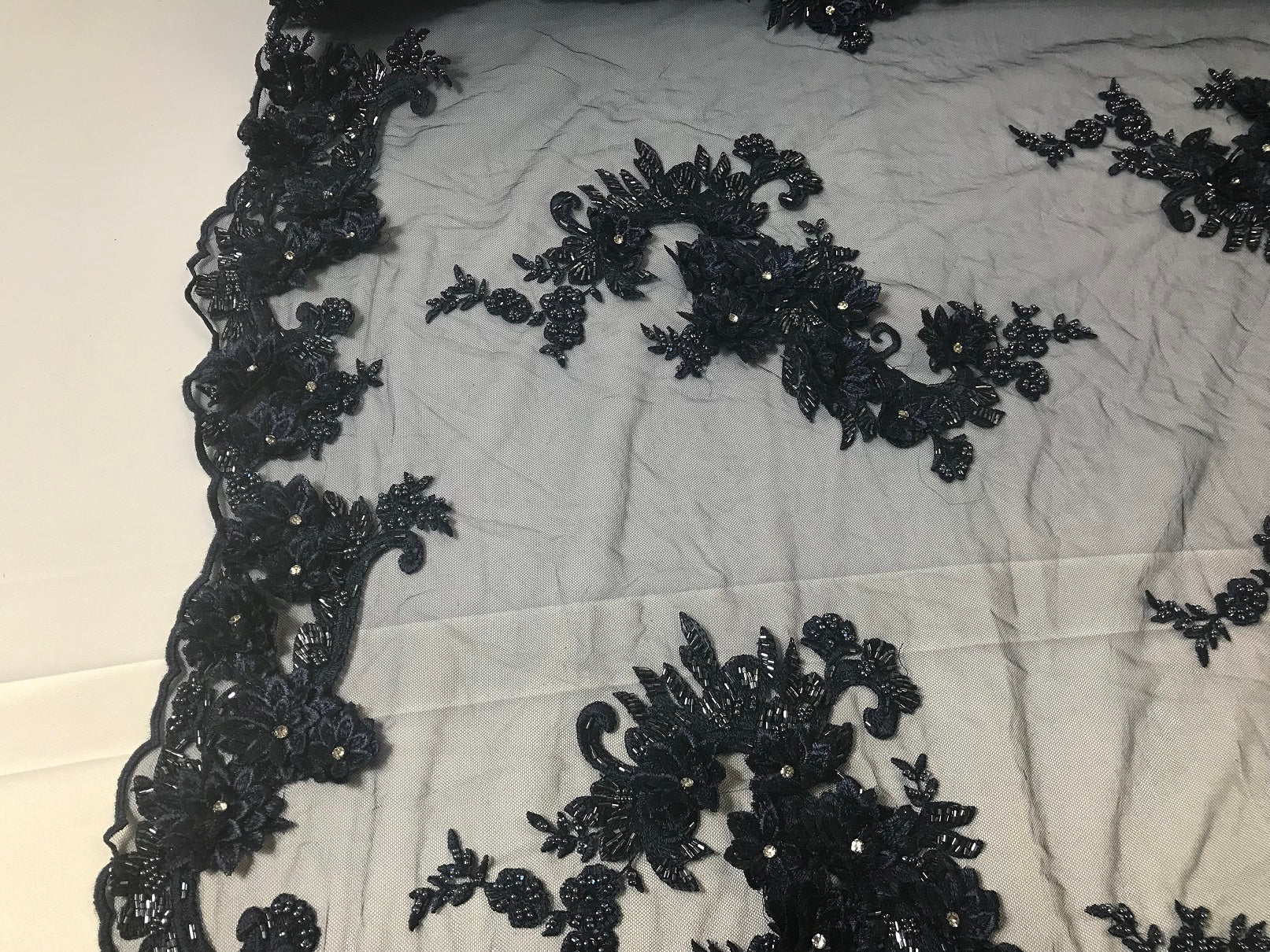 Floral - Navy - 3D Beaded Embroidery Fabric with Rhinestones - Beautiful Design by The Yard