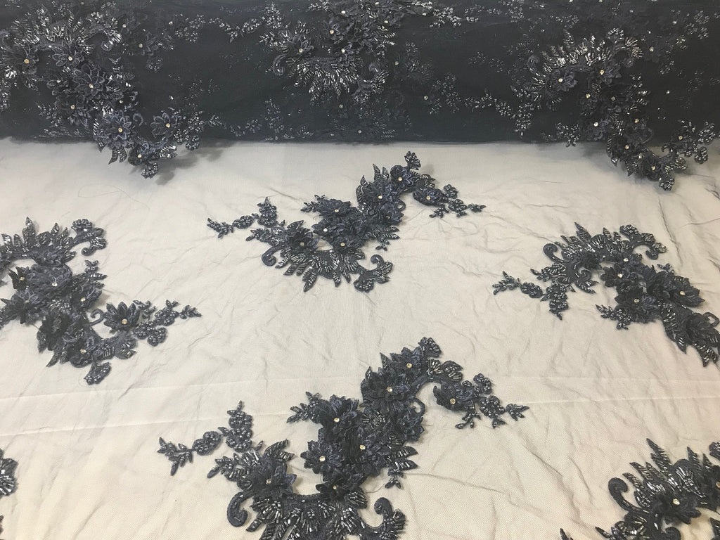 Floral - Navy - 3D Beaded Embroidery Fabric with Rhinestones - Beautiful Design by The Yard