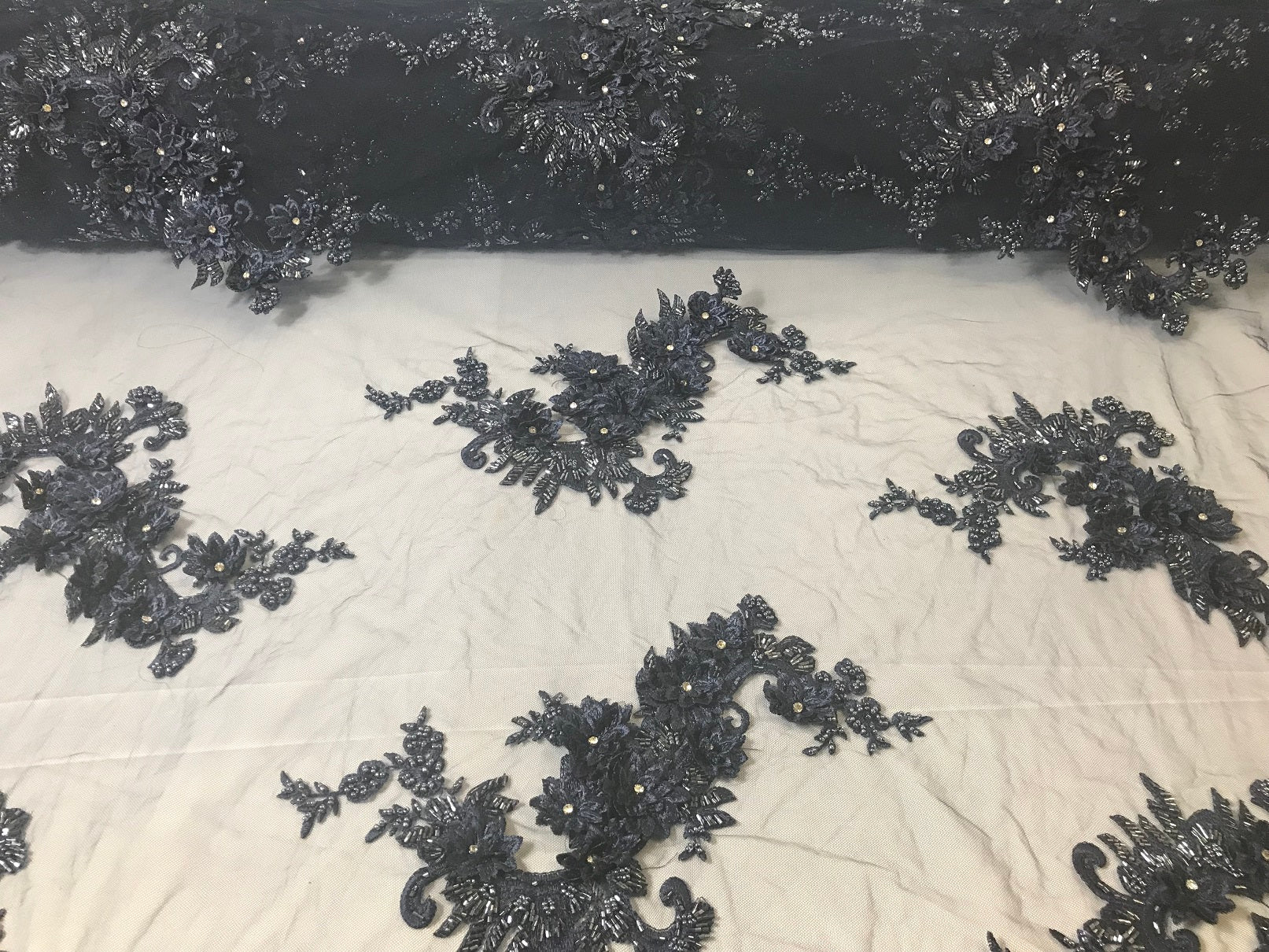 Floral - Navy - 3D Beaded Embroidery Fabric with Rhinestones - Beautiful Design by The Yard