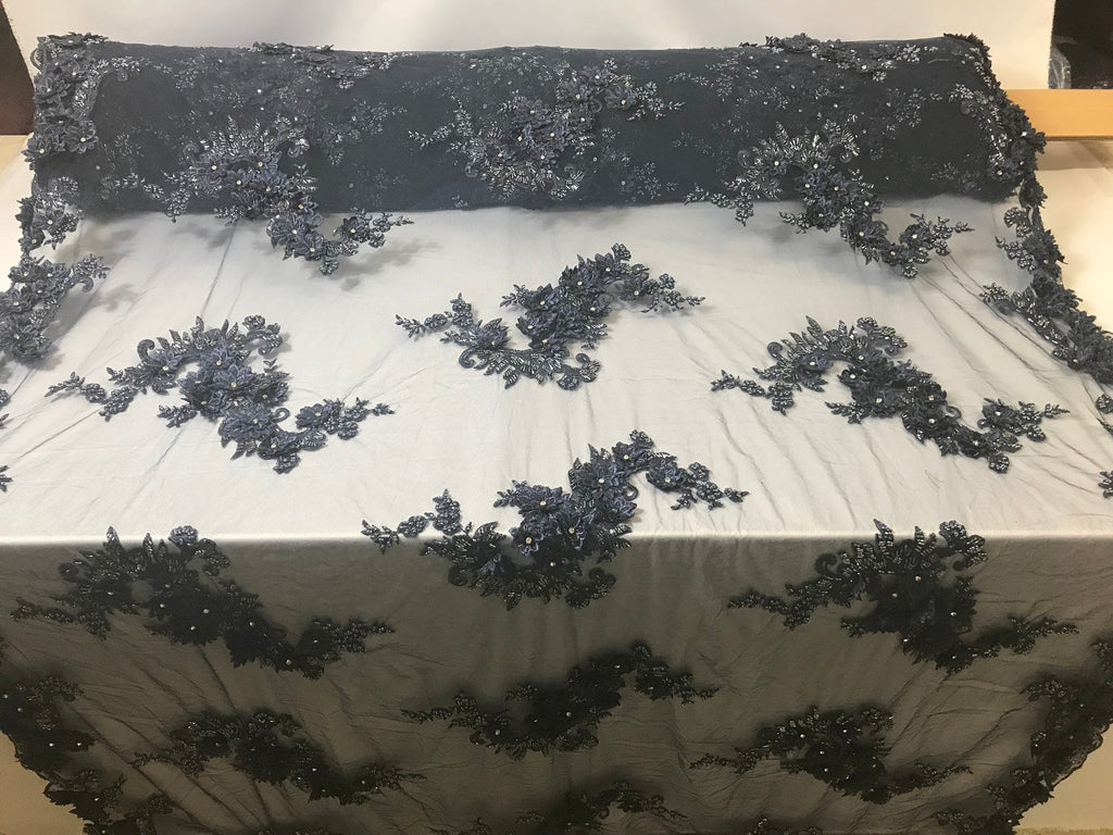 Floral - Navy - 3D Beaded Embroidery Fabric with Rhinestones - Beautiful Design by The Yard