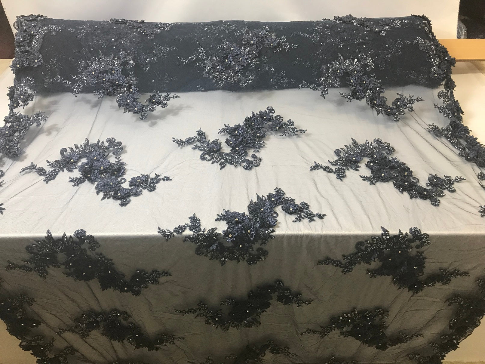 Floral - Navy - 3D Beaded Embroidery Fabric with Rhinestones - Beautiful Design by The Yard