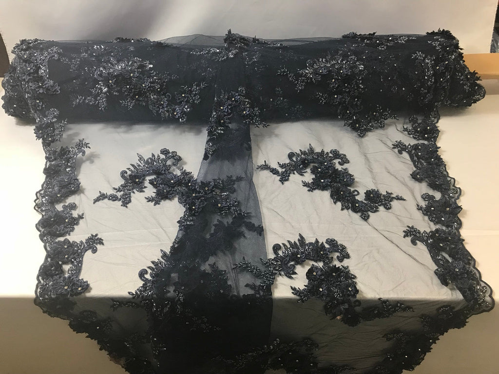 Floral - Navy - 3D Beaded Embroidery Fabric with Rhinestones - Beautiful Design by The Yard