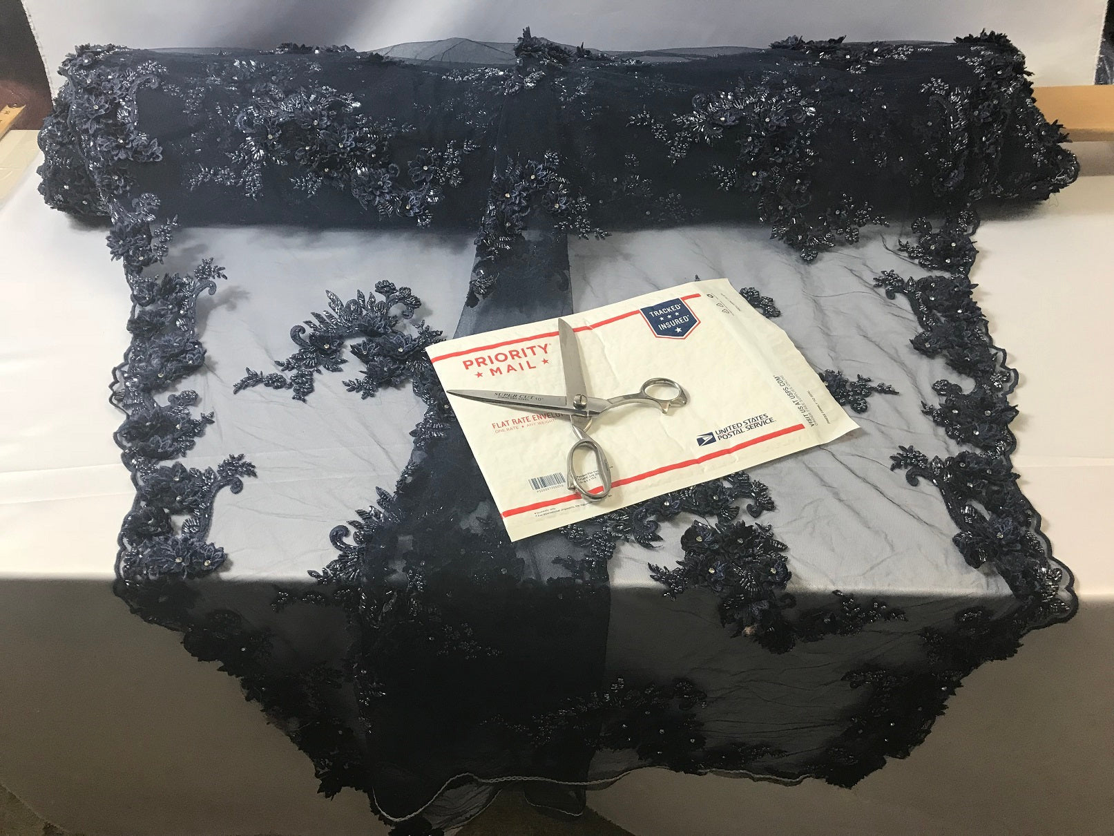 Floral - Navy - 3D Beaded Embroidery Fabric with Rhinestones - Beautiful Design by The Yard
