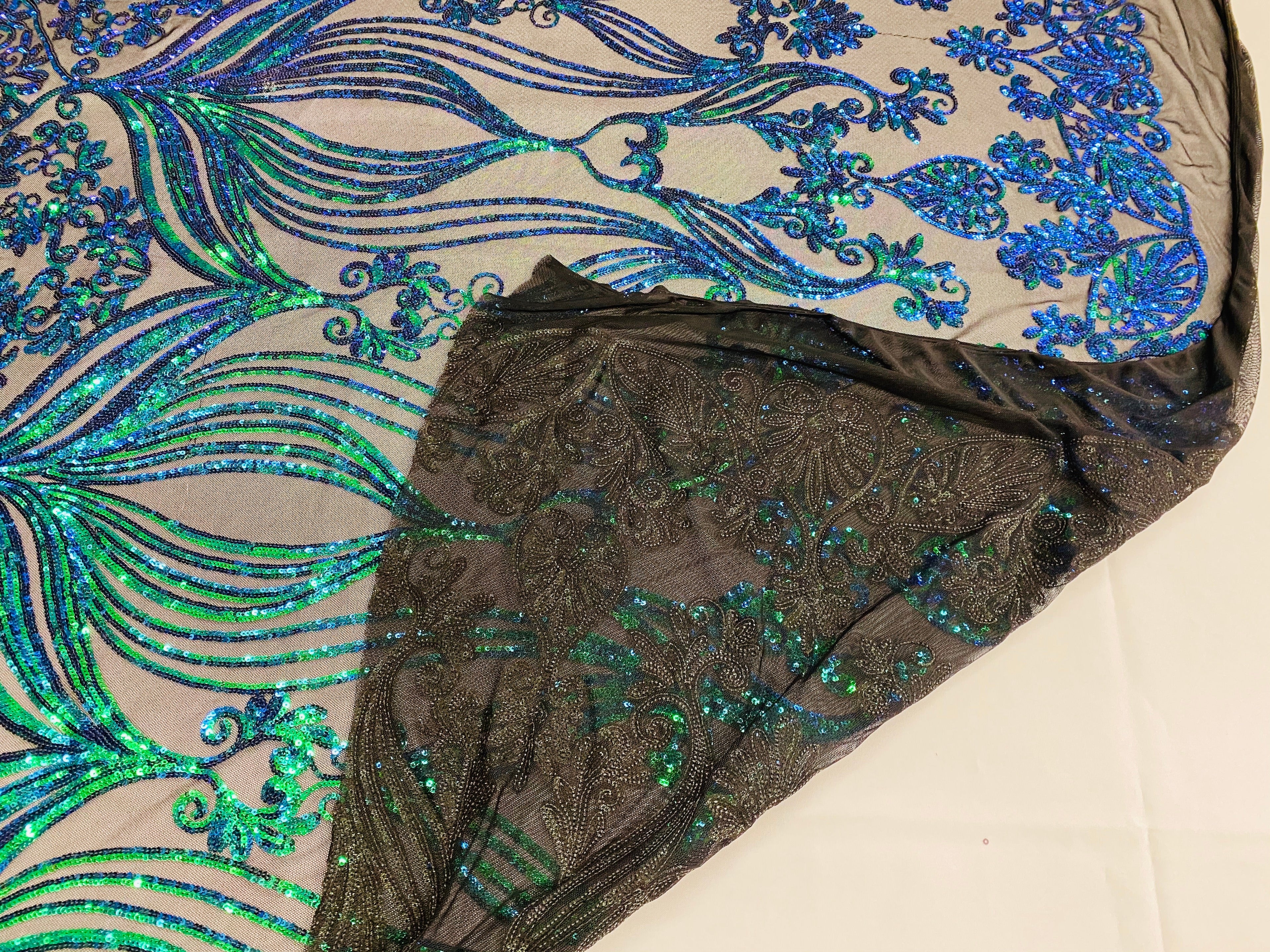 Damask Hearts Sequins - Iridescent Jade Green Blue - 4 Way Stretch Design Fancy Fabric On Mesh