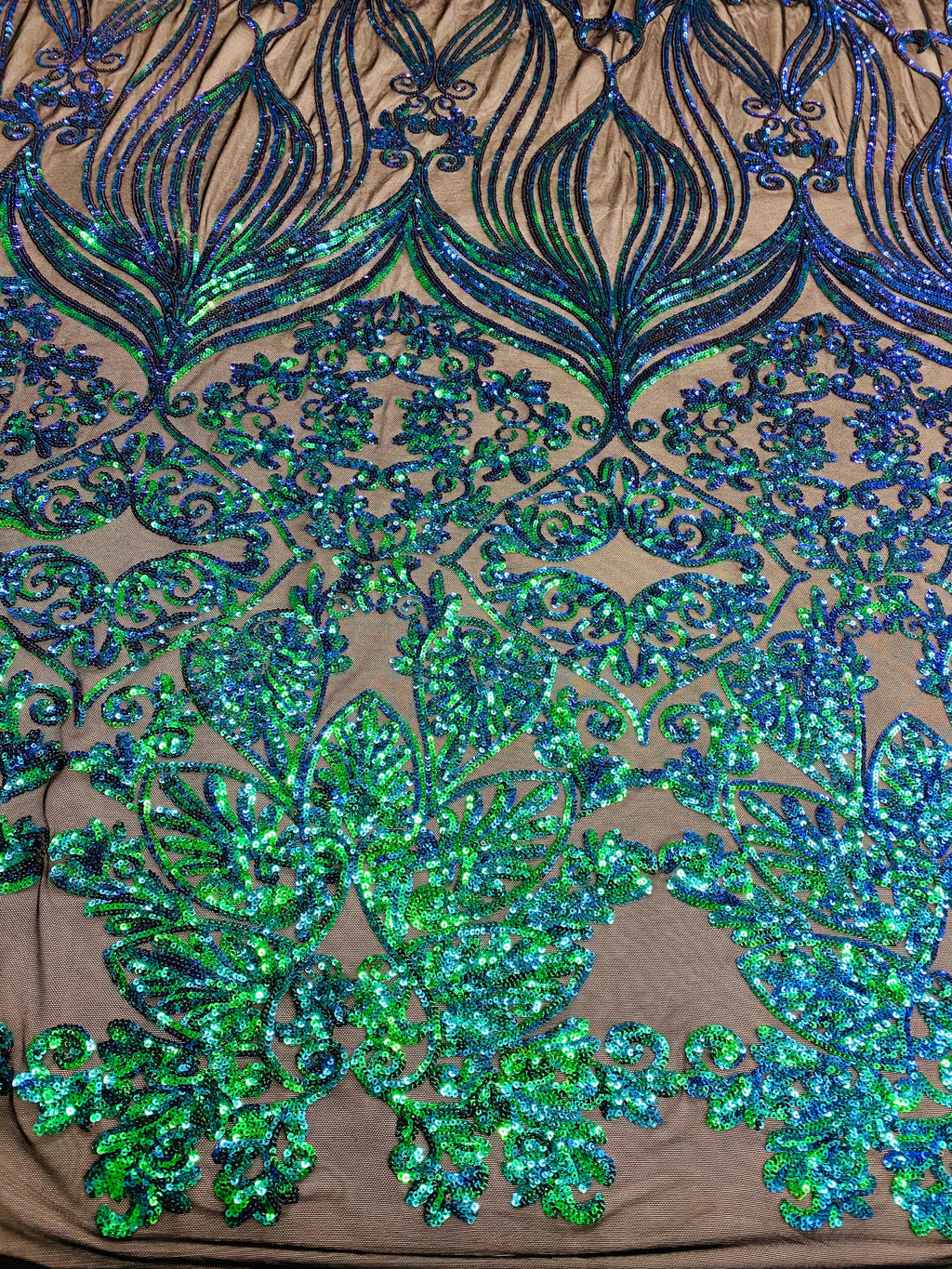 Damask Hearts Sequins - Iridescent Jade Green Blue - 4 Way Stretch Design Fancy Fabric On Mesh